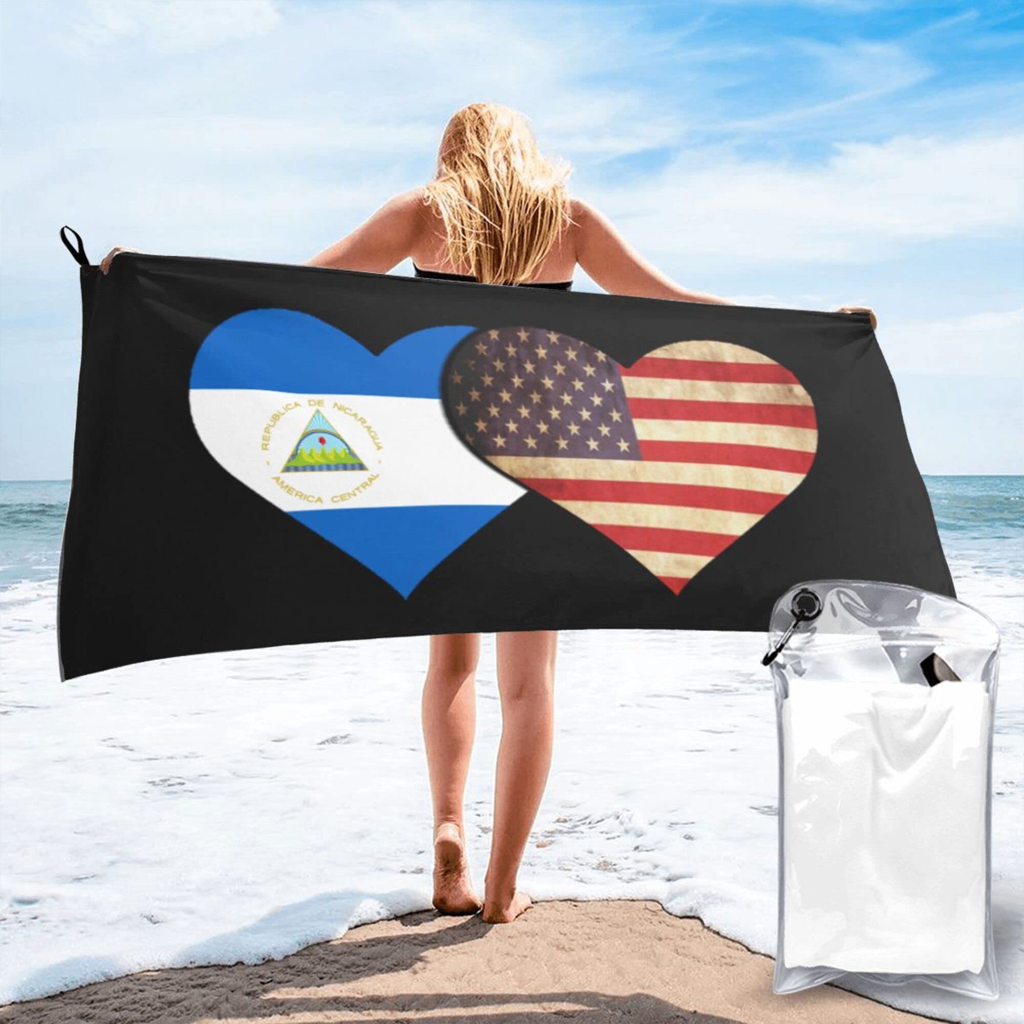 Lsjuee Nicaragua Flag and American Flag Microfiber Beach Towel-Quick Dry Oversized Towels Blanket for Travel Pool Camping