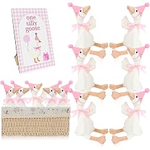 Pink One Silly Goose Party Favor - Set of 6 Pack Stufffed Geese with Party hats and Ribbon Tie for Baby Shower, 1st Birtdhay, Gender Reveal Table Decor Pink
