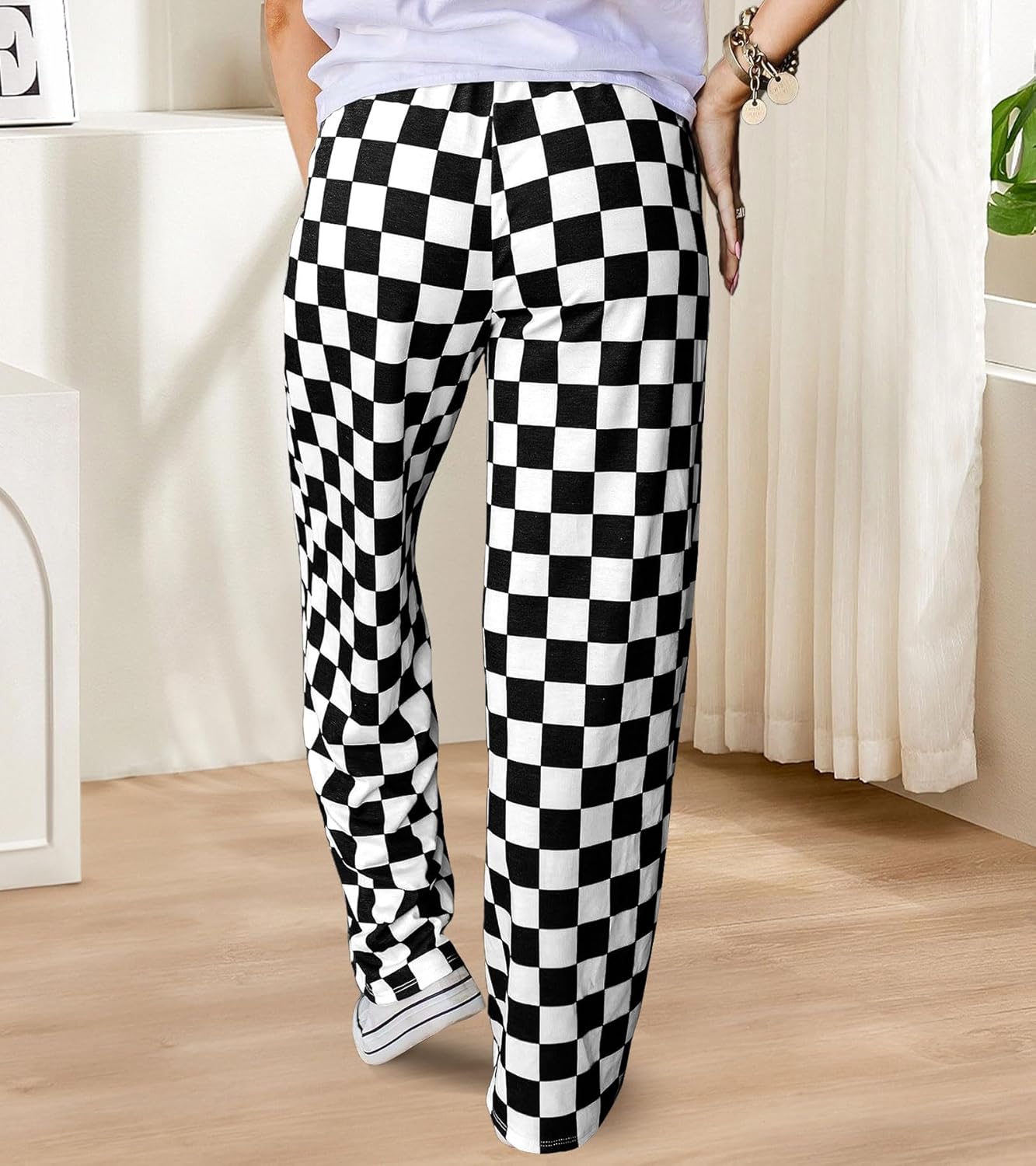 Womens Checkered Pants Y2K Pajama Pants Elastic Waist Wide Leg Lounge Pants Comfy Pj Bottoms with Pockets Loungewear - Image 2