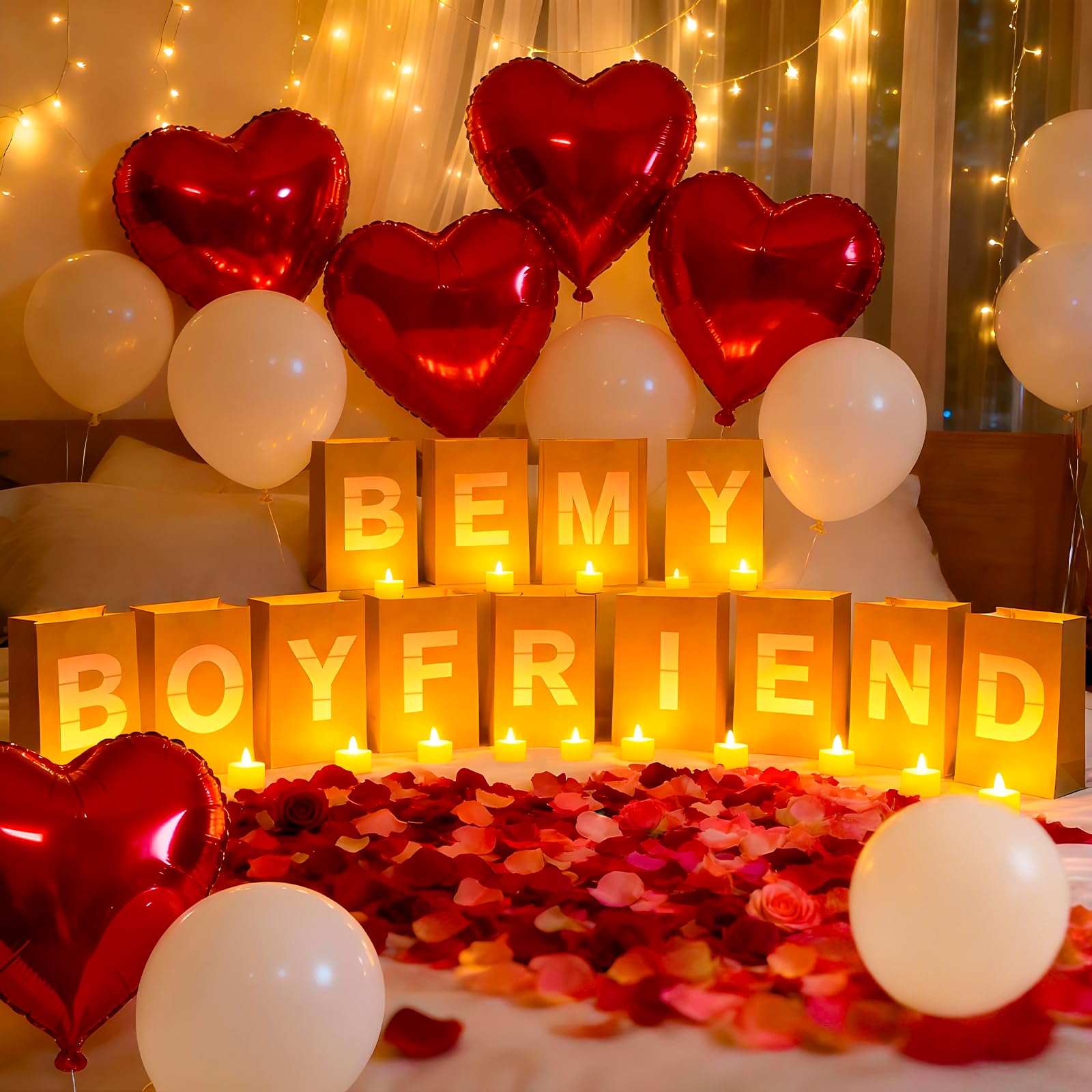 Be My Boyfriend Light Up Letters, Include Light up Letters, with Tea Lights Candles, Latex Balloons, Aluminum Balloons and Rose Petals, Anniversary and Valentines' Day Decorations for Women