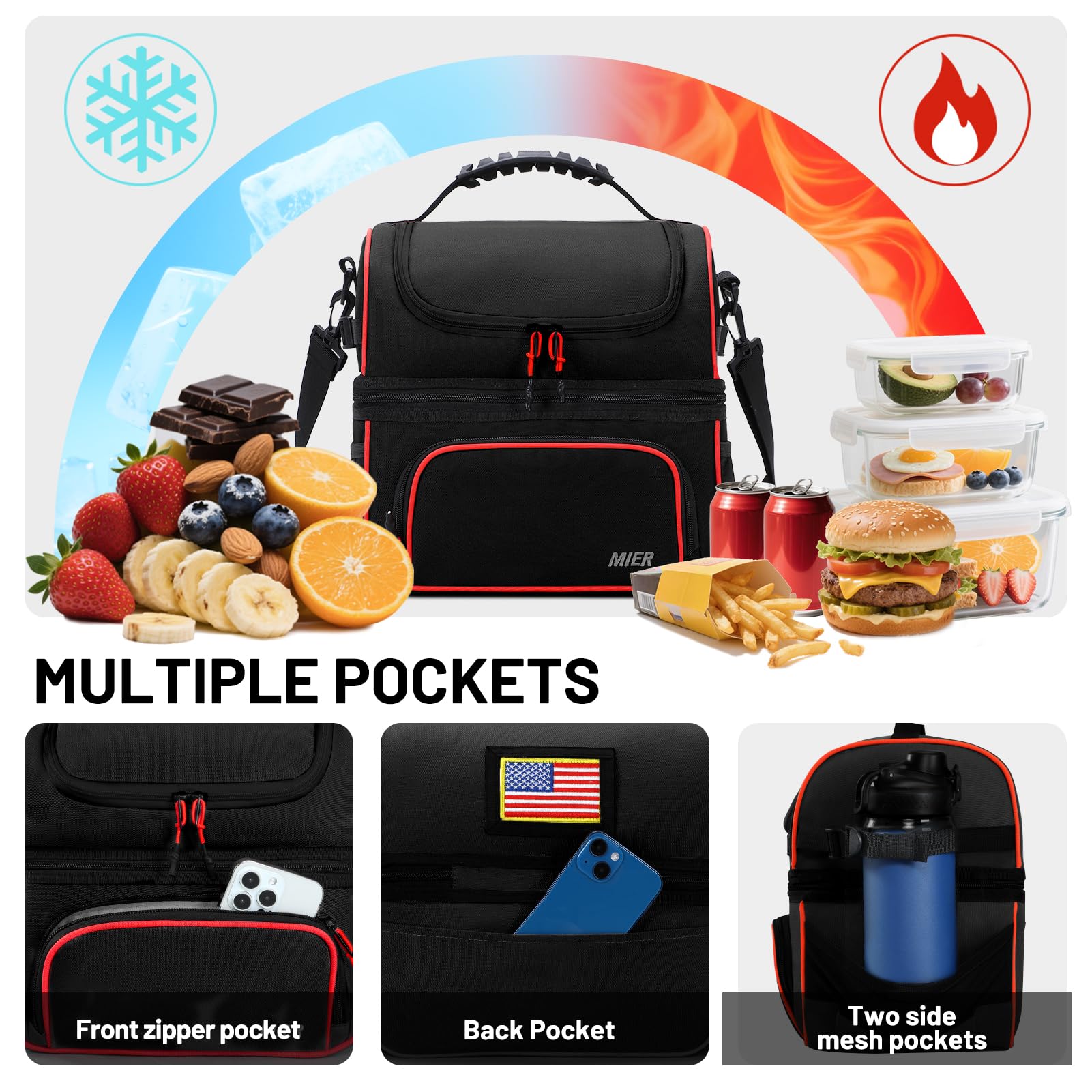 MIER Bolsa de almuerzo de doble compartimento con correa para el hombro para hombres y mujeres, bolsa térmica aislada a prueba de fugas, color negro y rojo