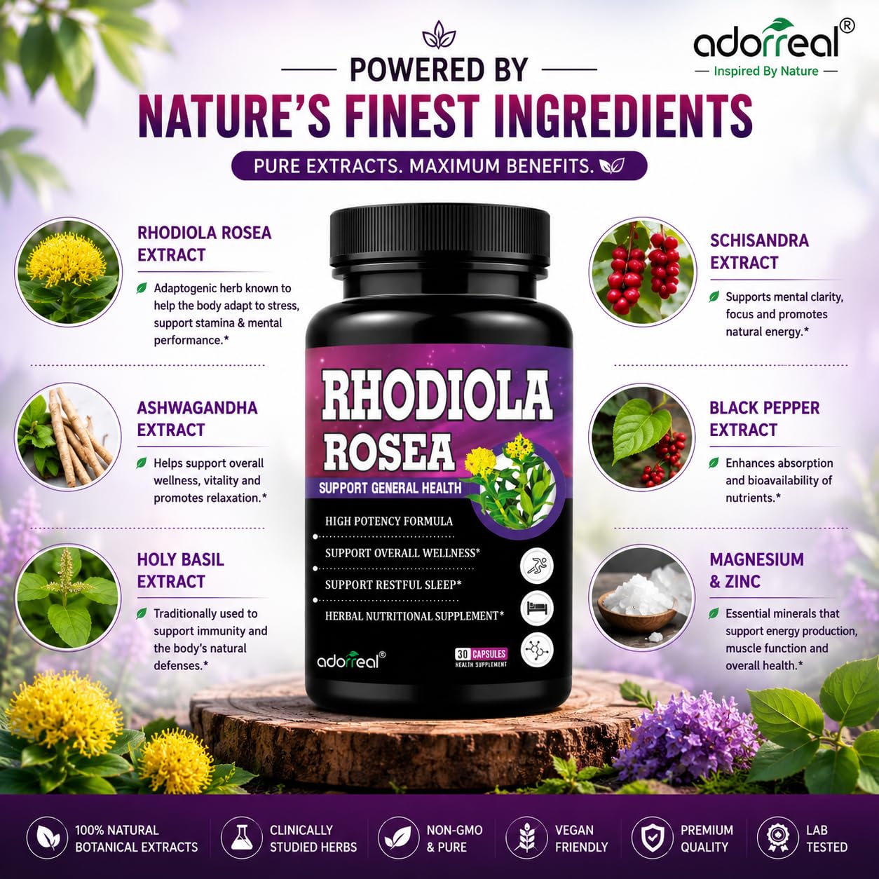 Adorreal Sports Range Rhodiola Rosea 700mg | Supports Brain Health, Memory, Focus & Mental Performance | Helps Promote Restful Sleep & Stress Management | 30 Veg Capsules 3