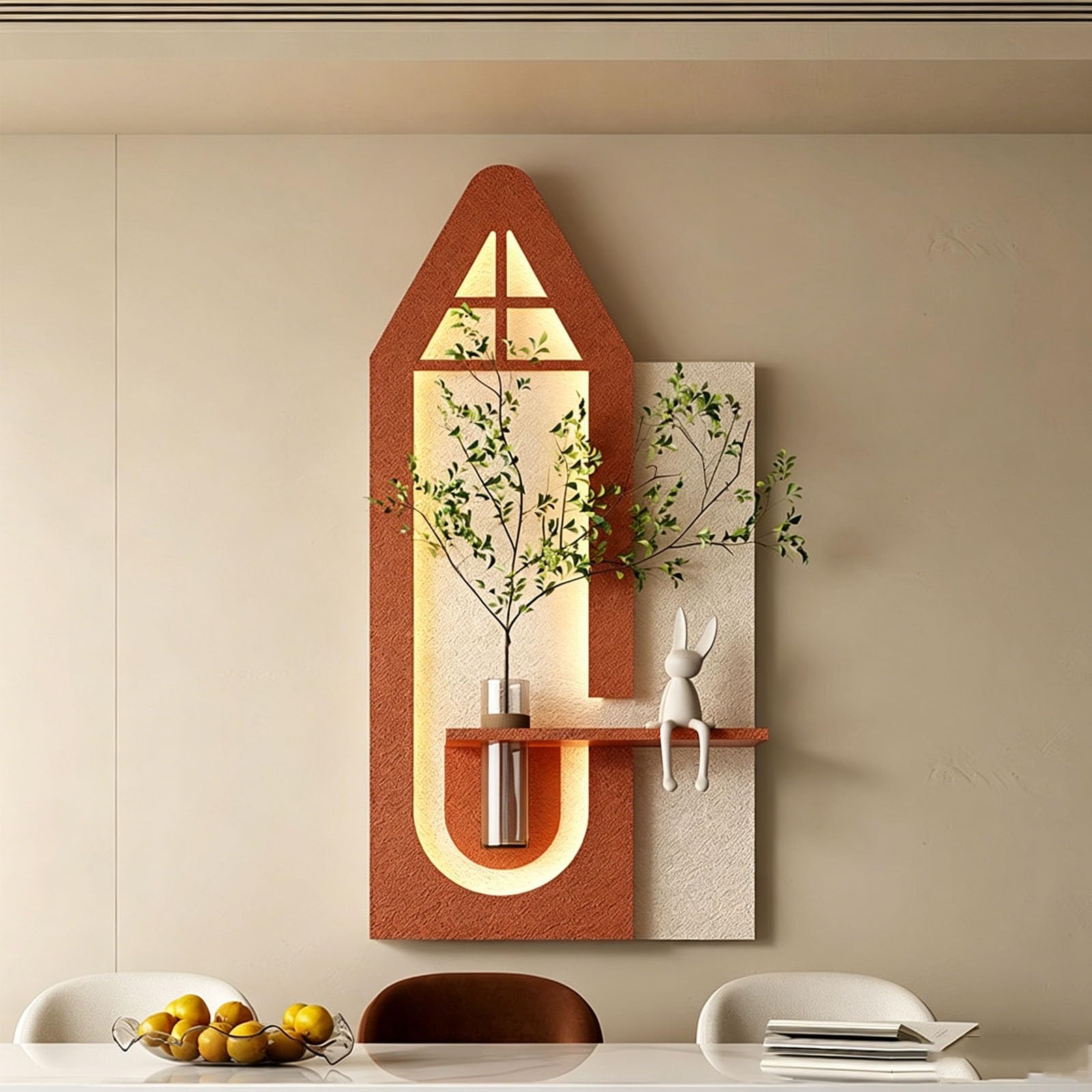 KEIFCUACLA Handcrafted Sandstone Wall Decor: Modern 3D Art Piece (Featuring LED Lighting and Faux Greenery),Suitable for Vertical Display in Living Rooms and Offices(Orange,70 * 140cm/27.6 * 55.1in)
