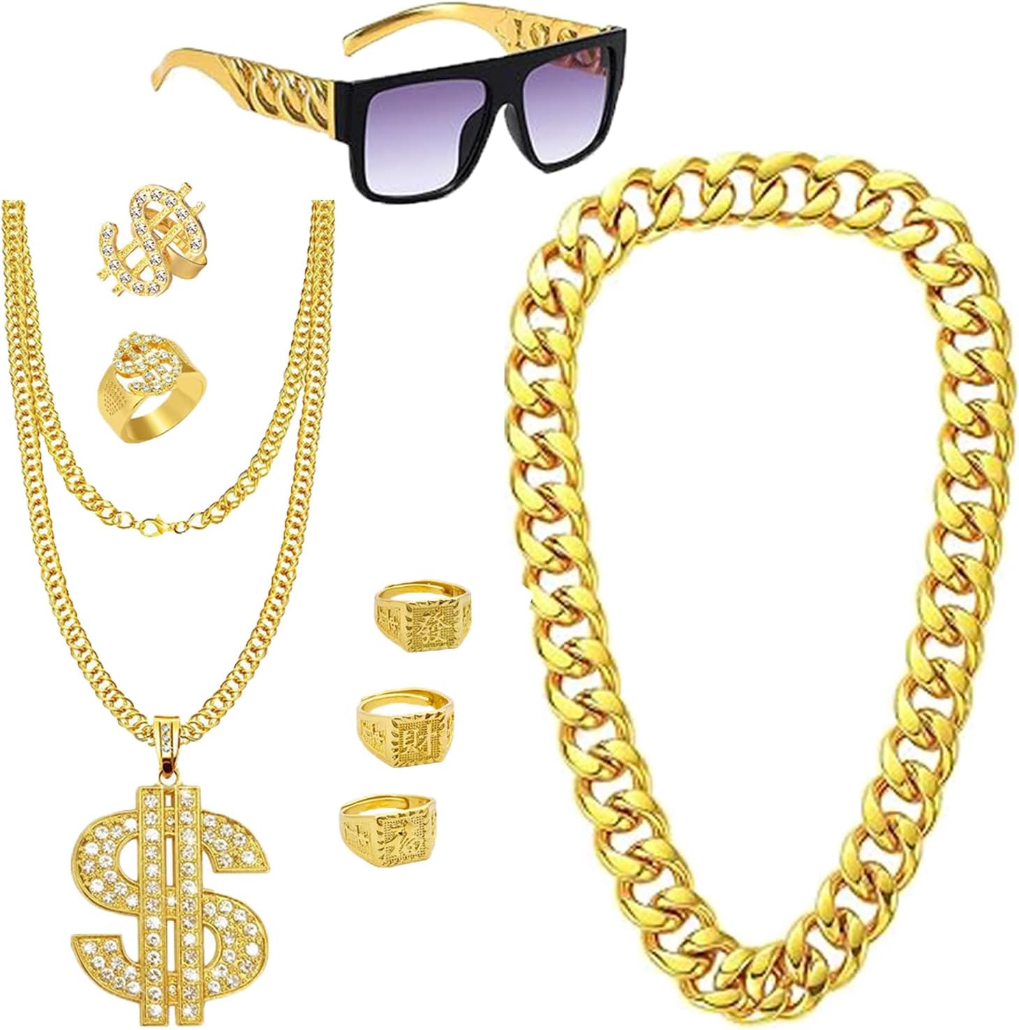 80s 90s Hip Hop Costume Kit for Men Women 8- 10 PCS Old School Rapper Accessories with Dollar Sign Hat, Faux Gold Rope Chain, Bracelet, Dollar Chain, Rings for Halloween Pimp Costume Gold Digger Outfit