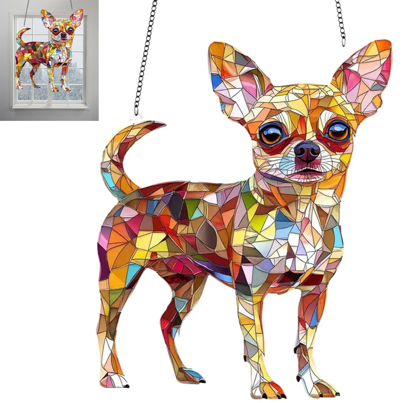 Ximlc Colourful Chihuahua Dog Ornament For Window Hanging Dog Suncatcher Dog Stain Glass 2D Acrylic Colourful Dog Pendants For Window Decor(A)