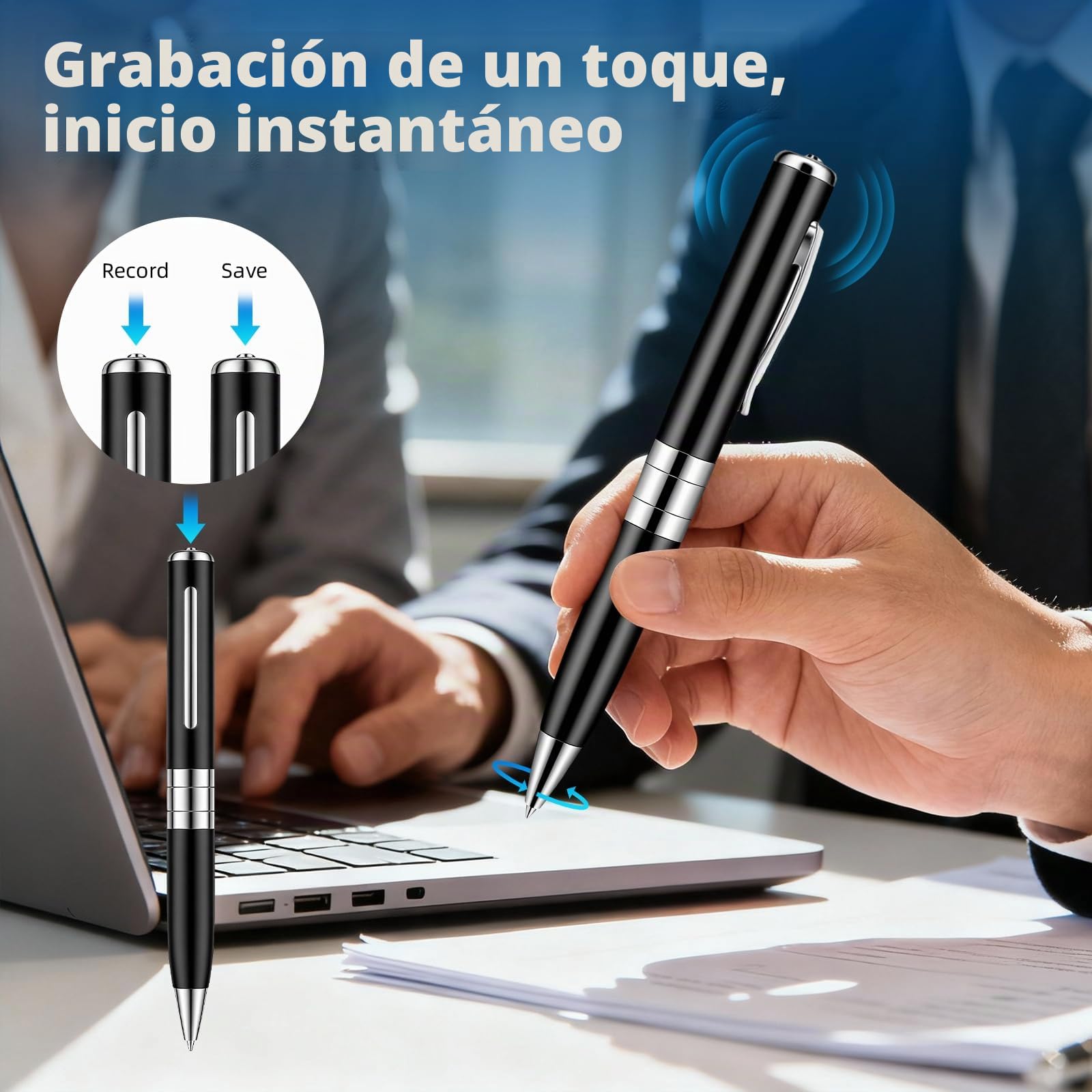 Pluma Grabación de Voz de 64 GB - Grabadora de Voz automática y Continua Mediante activación rotativa, Grabadora de Voz Espía Discreta para Cursos, Reuniones, Entrevistas (Negro)