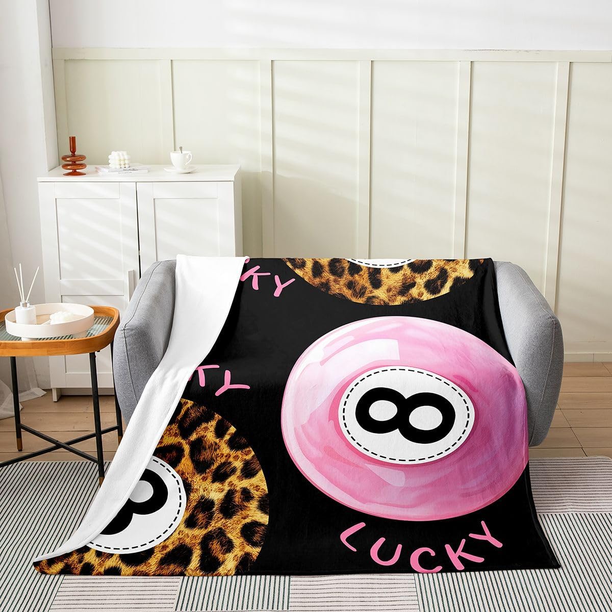 Erosebridal Funky Y2K Lucky 8 Ball Cheetah Black Pink Girly Flannel Blanket 40x50 Inch | 2000S Aesthetic Fleece Blanket Leopard Print Trendy Preppy Luxury Soft Fuzzy Plush Throw image 2
