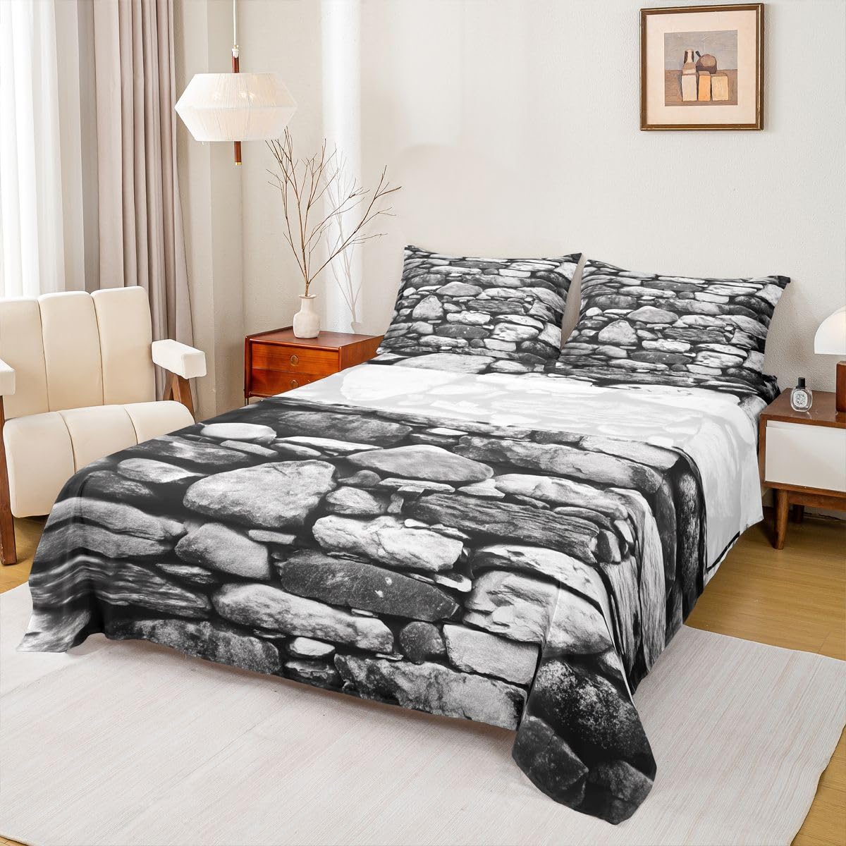 Homewish Set di biancheria da letto per letto matrimoniale, decorazioni medievali per feste, per adolescenti, motivo mattoni, tema rock, nero, grigio, con lenzuolo superiore con angoli, 4 pezzi