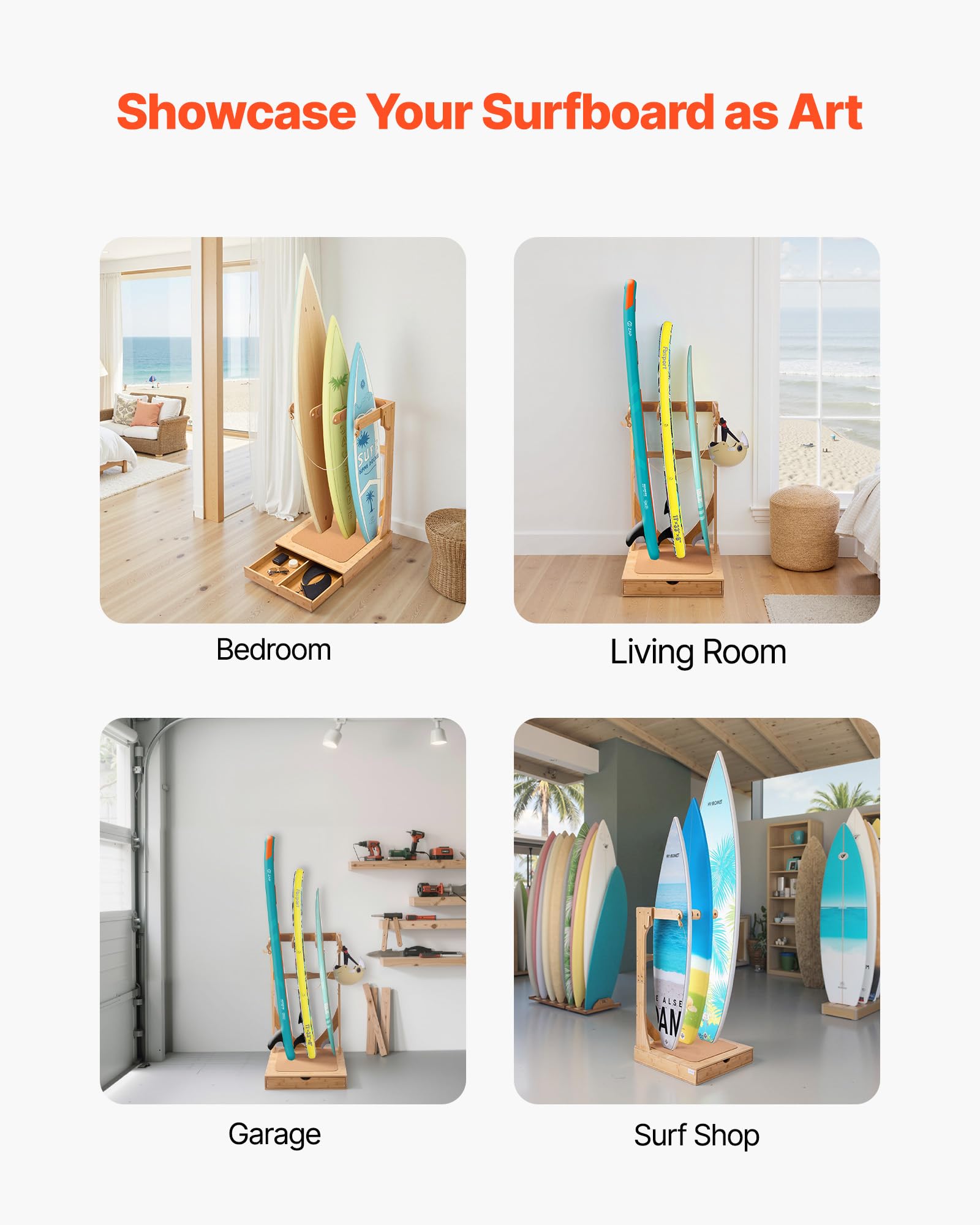 VEVOR Soporte Vertical para Tablas de Surf, Estante de Madera de 3 Niveles con Ganchos y Cajones