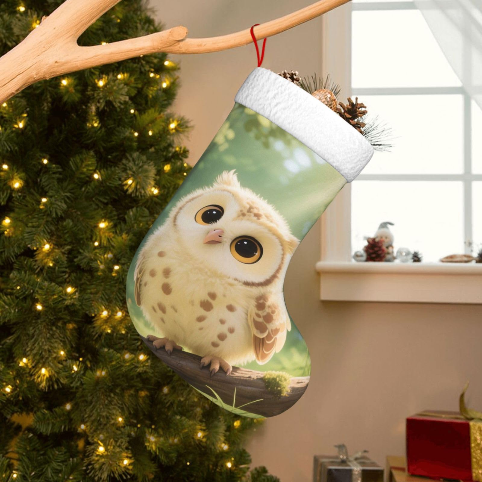 Velvet Christmas Stockings 17.7 Inch, Cute Owl Cub Xmas Stocking with Soft Cuff,Classic Personalized Christmas Tree Decoration for Family Holiday New Year Party Supplies
