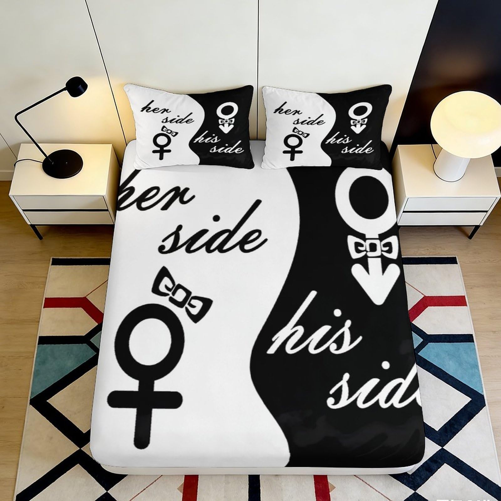 3D Printed Couple Pattern Fitted Sheet Microfiber Bedroom Bedding Yin Yang Mattress Fitted Cover Deep Pocket Non-Slip Elastic 200x200x25cm