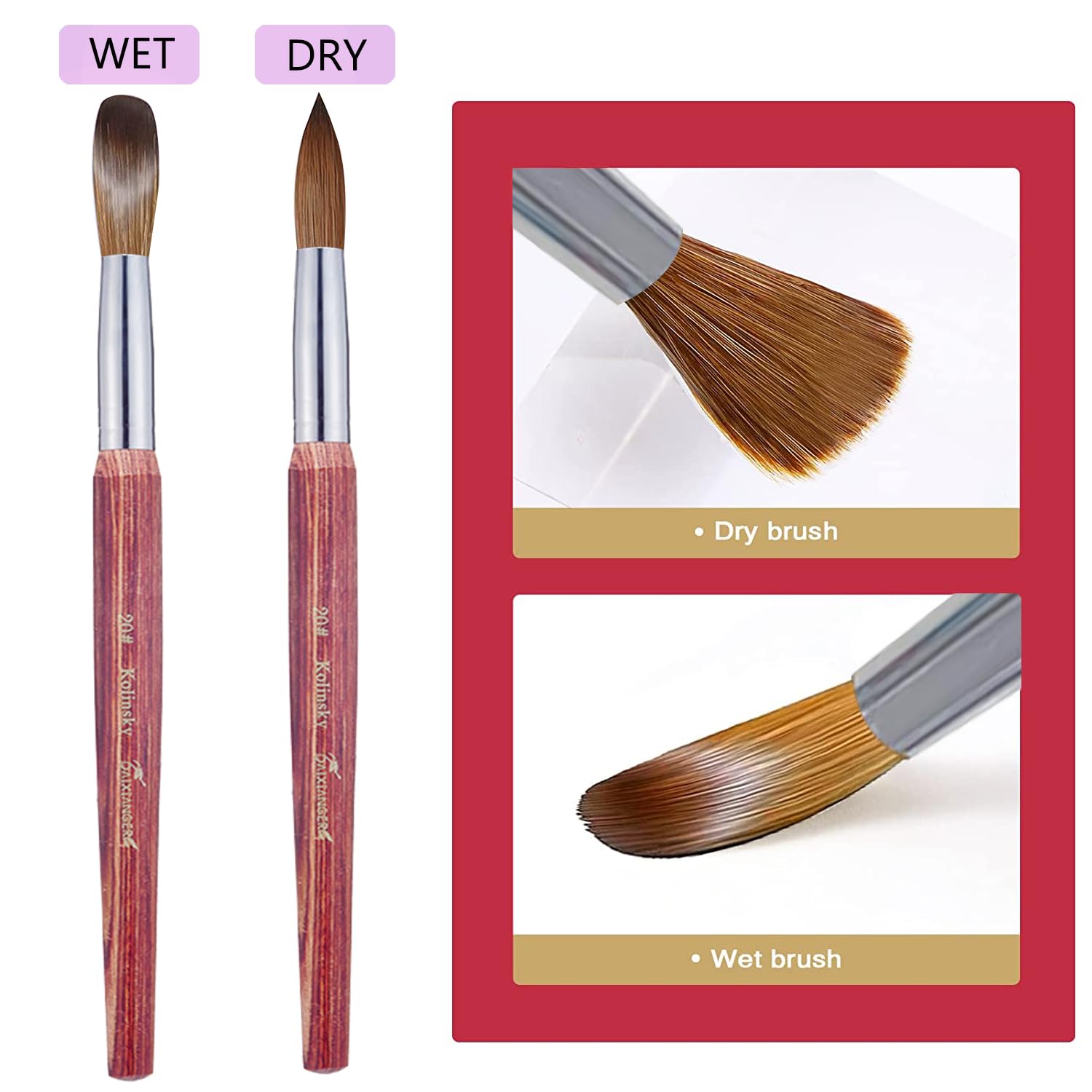 Kolinsky - Pennello per nail art in acrilico, misura 20, forma ovale, per applicazione acrilica, strumento professionale per manicure per extension e intaglio 3D, manico in legno rosso