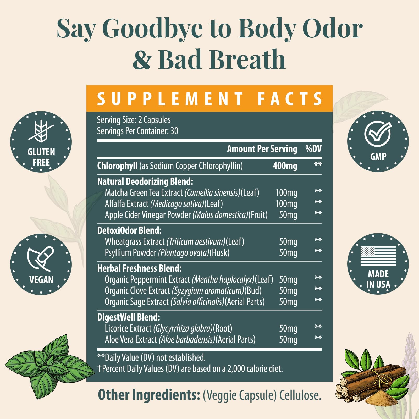 Women's Body Deodorizing Supplement – Chlorophyll Capsules for Body Odor, Fresh Breath & Gut Detox, for Social Confidence – Vegan with Matcha Green Tea, Apple Cider Vinegar (60 Caps) — Amazon image 8