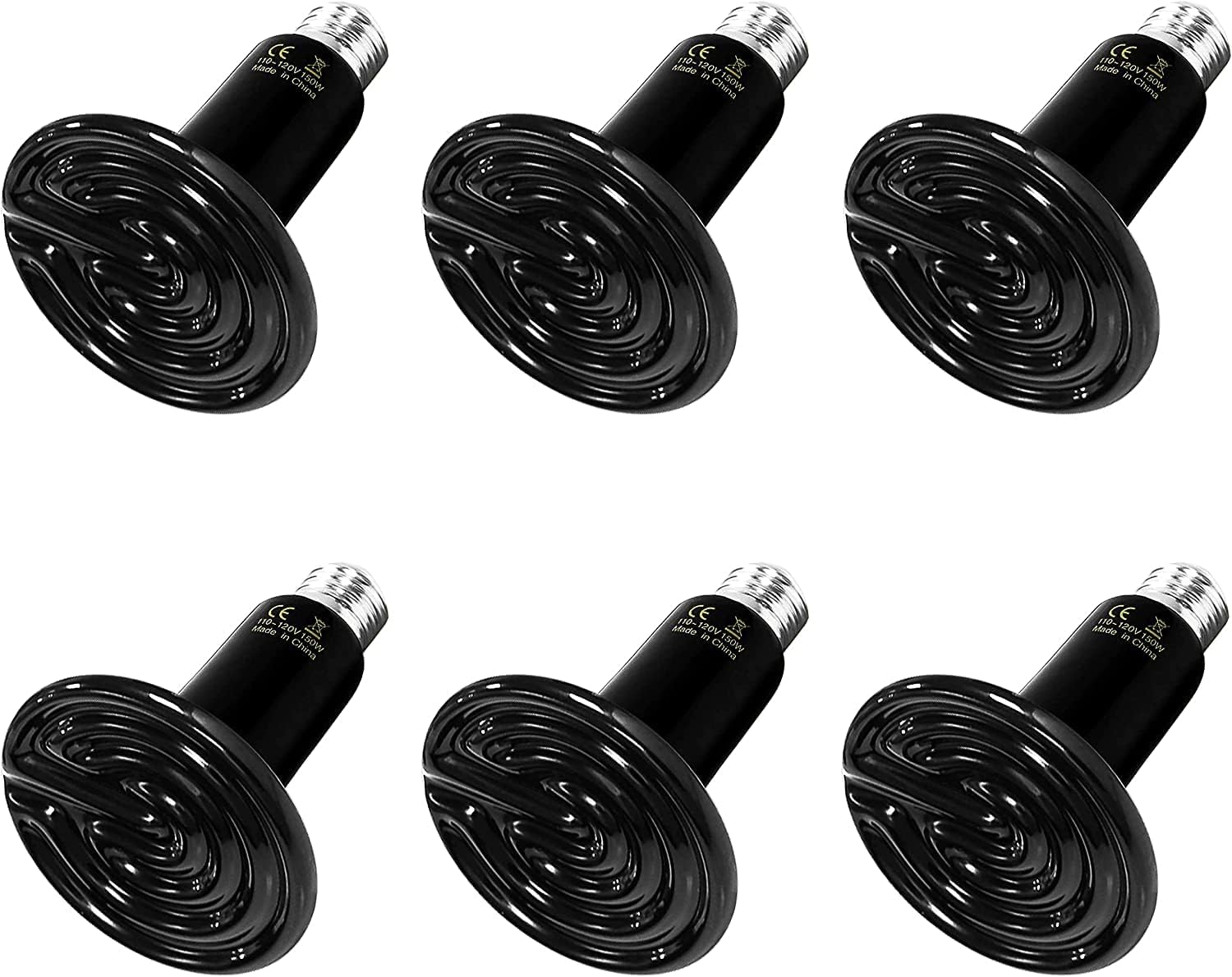 HealSmart Reptile Heat Lamp 150W 6-Pack Ceramic Heat Emitter, No Light Emitting Heat Bulbs for Amphibian Pet Brooder Coop Incubating Chicken, Lizard Bearded Dragon Turtle Snake Terrarium
