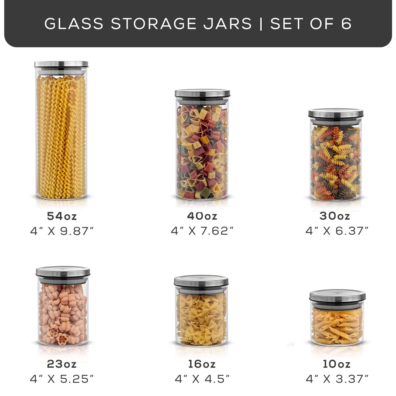 JoyJolt Set di 6 barattoli in vetro con coperchio in acciaio inox con coperchio ermetico per dispensa o bancone, per dispensa versatile, contenitore per zucchero o cereali
