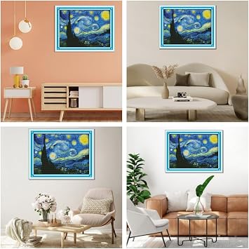 IUHUI 14CT Stamped Cross Stitch Kit for Beginners Adults Preprinted by Van Gogh Starry Sky DIY 14ct Embroidery Sewing Starter Kit Needlework Easy Pattern Famous Painting