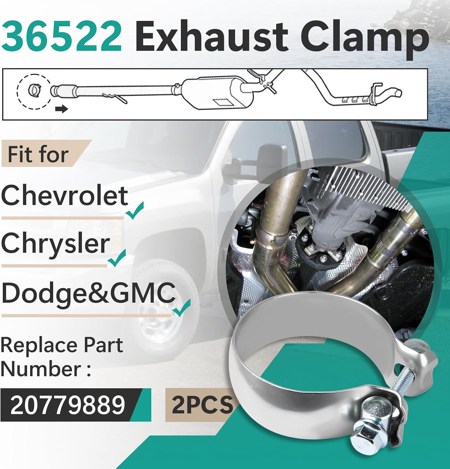 2 Pcs 36522 Exhaust Clamp Compatible with Chevrolet Tahoe Silverado 1500 for GMC Sierra 1500 Yukon Parts Replace 20779889