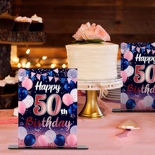 Miniatura 6 de LINGTEER Centros de mesa acrílicos con globos de color azul marino y rosa con texto en inglés "Happy 50th Birthday", 2 unidades de decoración de