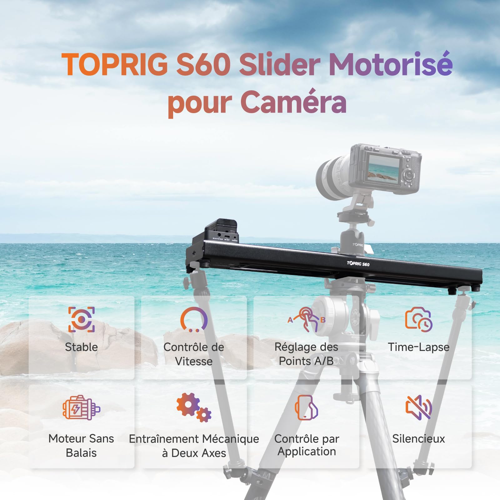 Toprig 23.6"/60cm Slider Motorisé pour Appareil Photo – Rail de Caméra avec Moteur sans Balais, Contrôle Bluetooth, Time-Lapse, Points A/B, Charge 4kg, Silencieux – pour Vidéo Professionnelle, Cinéma