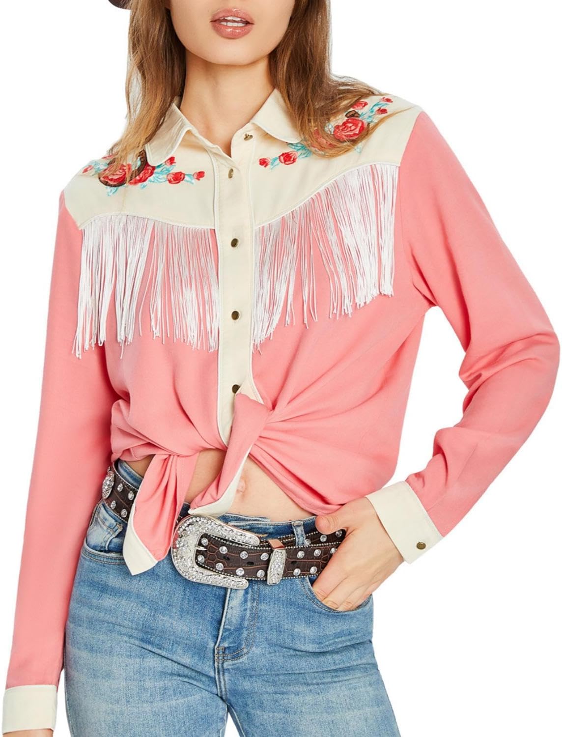 JOHN MOON Women's Fringe Western Shirts Floral Embroidered Button Down Shacket Rodeo Cowgirl Country Top Long Sleeve