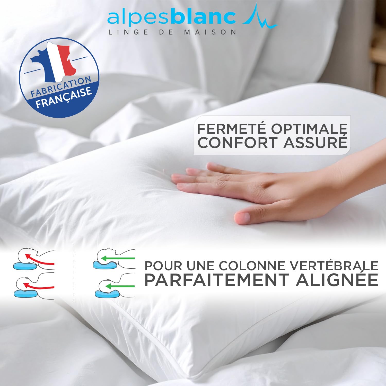 Alpes Blanc - Pack 4 pièces : 2 Oreillers en Plumes + 2 Protèges Oreillers 100% Coton - 60 x 60 cm – Accueil Moelleux, Soutien Ferme - Fabrication Française