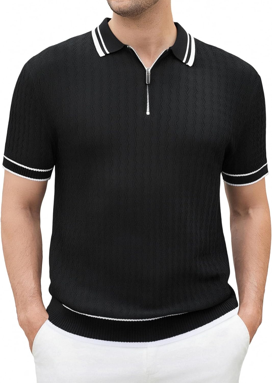 Esabel.C Mens Polo Shirts Short Sleeve Striped Casual Fashion Knit Golf Shirt Regular Fit