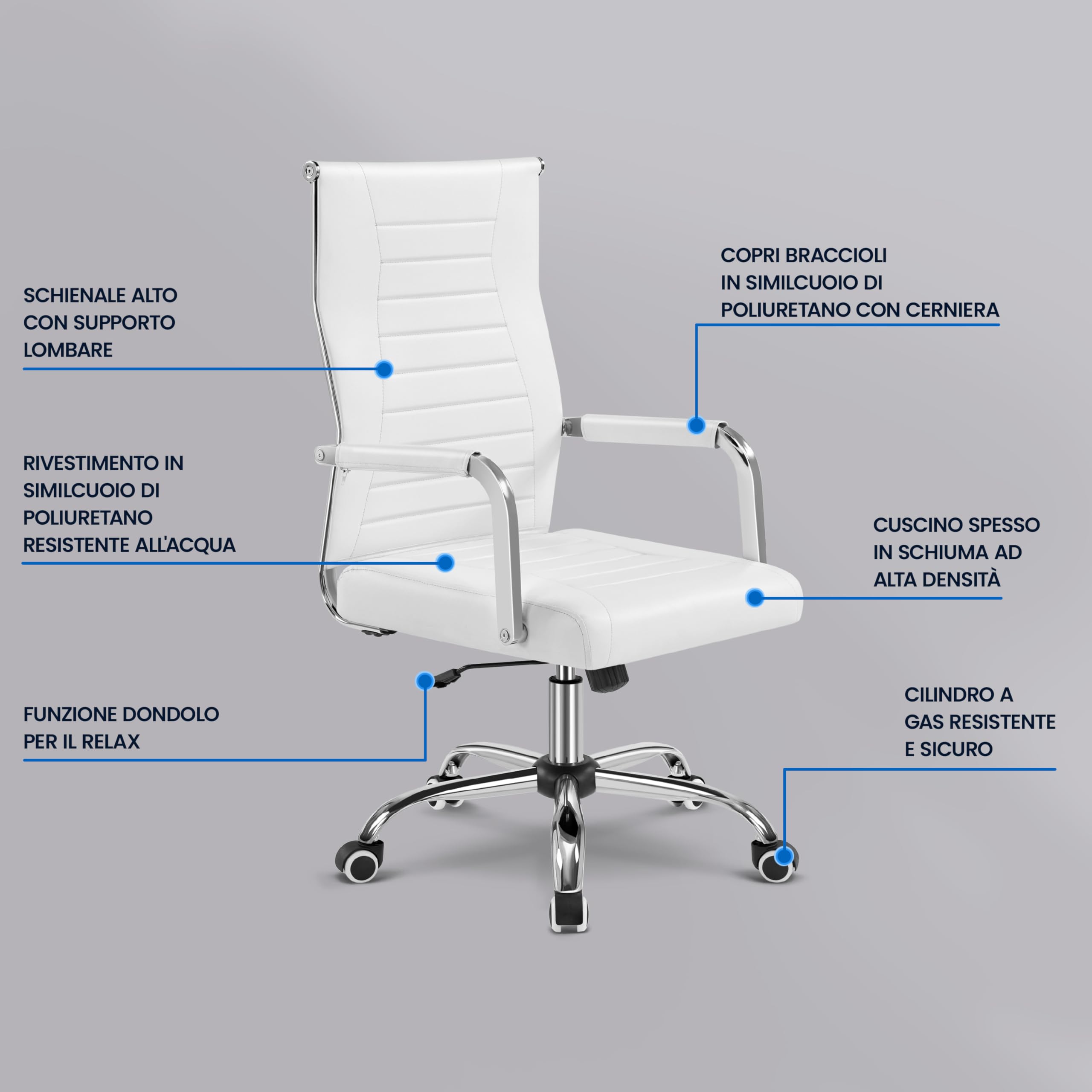 Yaheetech Sedia da Ufficio Scrivania Bianca Ergonomica in Finta Pelle con Schienale Alto Reclinabile a Dondolo Rotelle Girevole 360° Altezza Regolabile Portata 136 KG