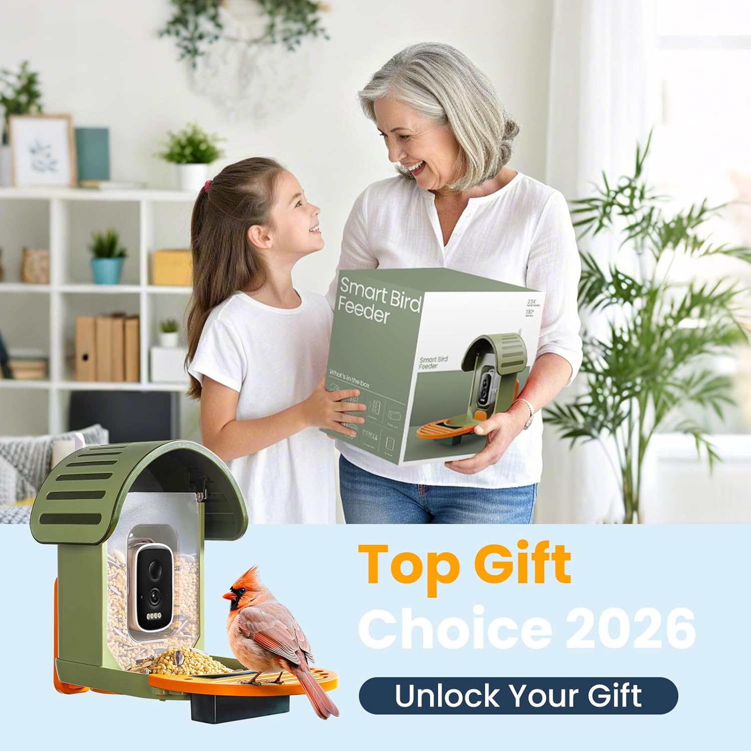 Smart Bird Feeder with Camera, 2.5K UHD Bird Feeder Camera Solar Powerd, Sensitive AI Identification, Instant Alerts Capture Video, IP66 Waterproof for Outdoor, Ideal Gift, Green