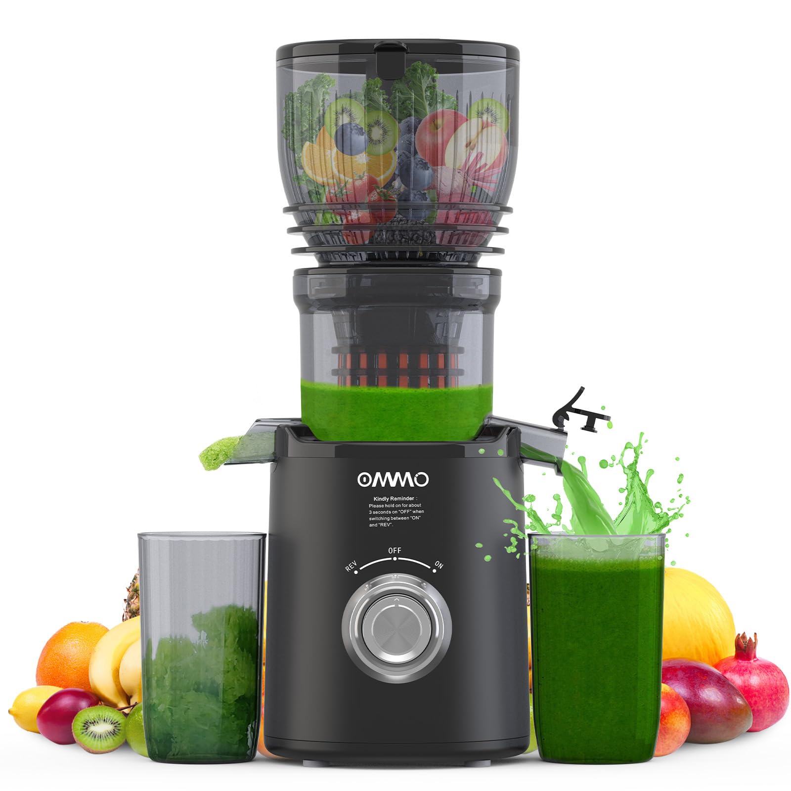 OMMO Extracteur de Jus 300W, Goulotte 148 mm, Machine à Jus électrique, 2 Tasses PC, Sans BPA, Noir