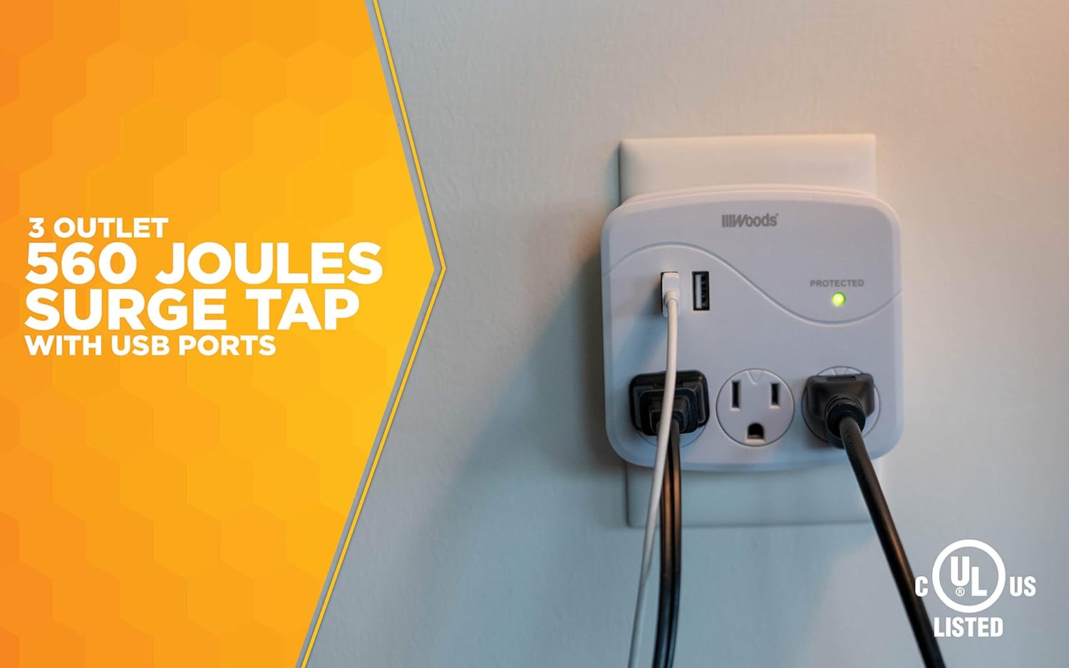 Woods 41029 3 Outlet Surge Tap With 2 USB Ports; 560 Joules of Protection; White
