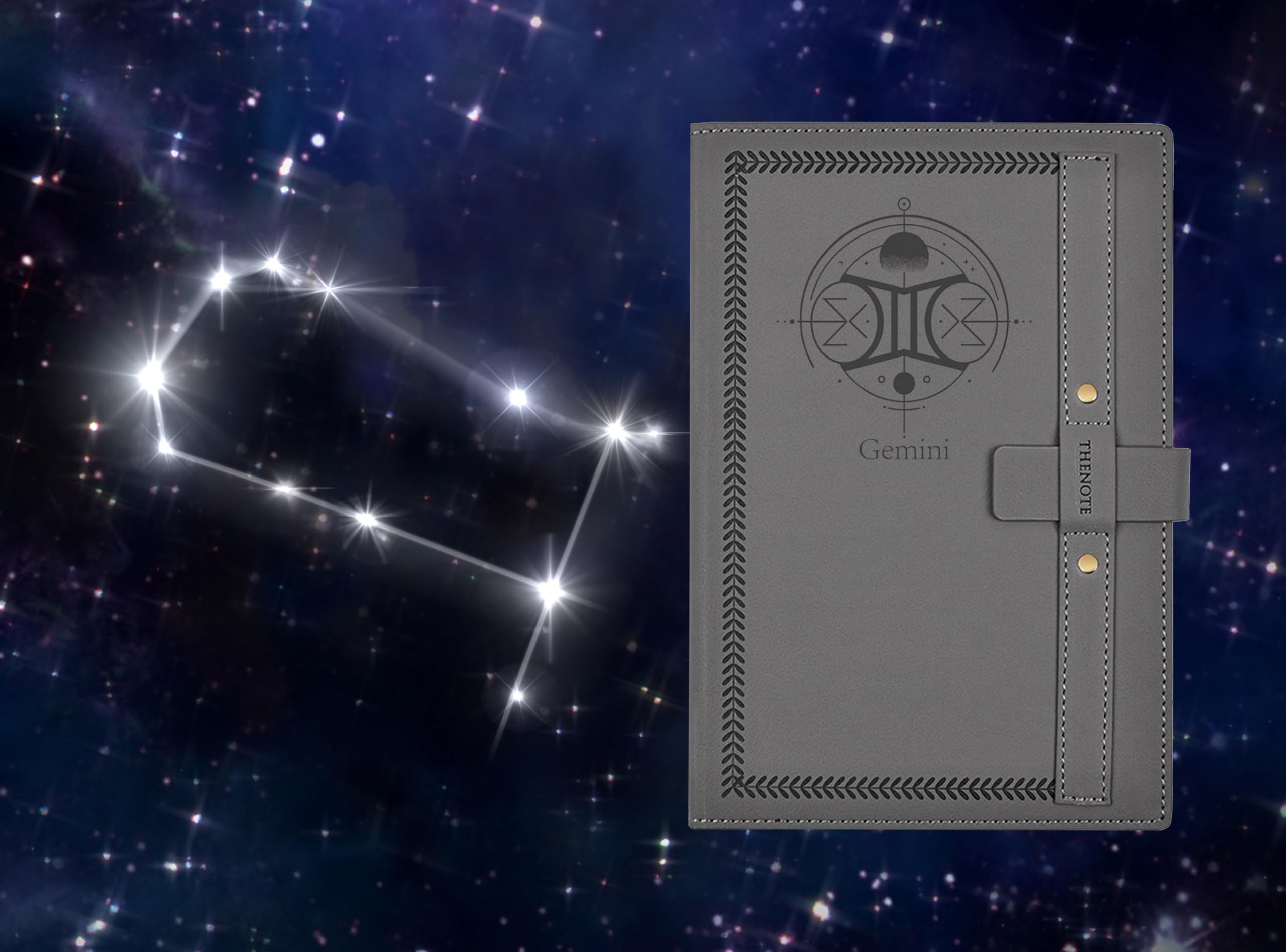 Zodiakalny notatnik na prezent, w twardej oprawie A5, skóra, dla mężczyzn i kobiet, na urodziny, rocznicę, święta, z kartką z życzeniami (Gemini)