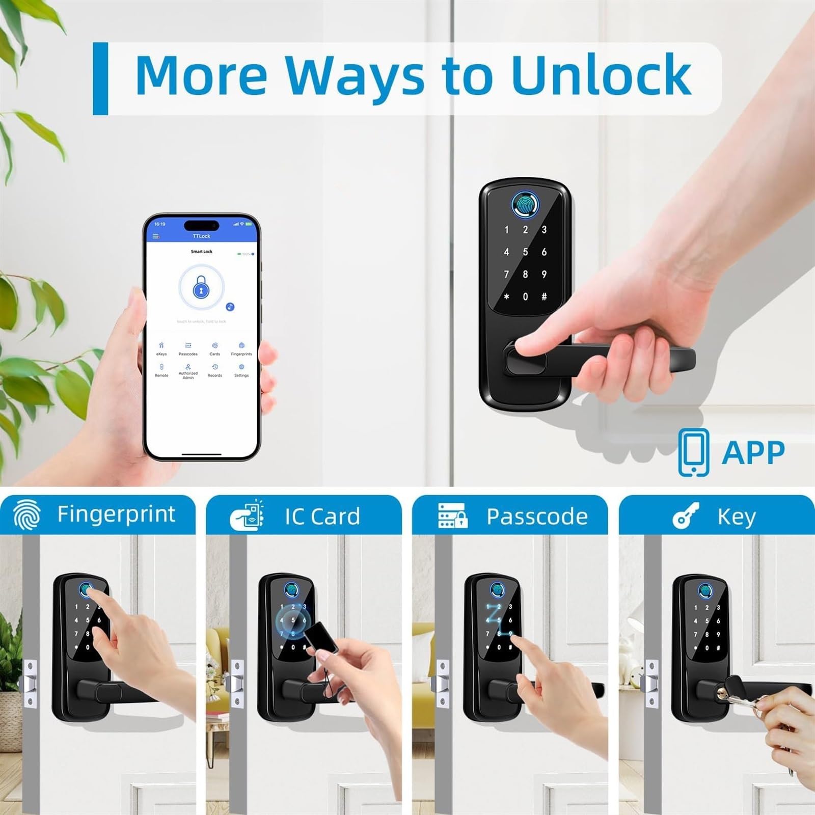Serratura Smart, Smart Lock 5 in 1 Serratura for porta con maniglia Tecnologia biometrica Funzione di memoria di archiviazione Controllo APP,per camere da letto, uffici e hotel(Noir)