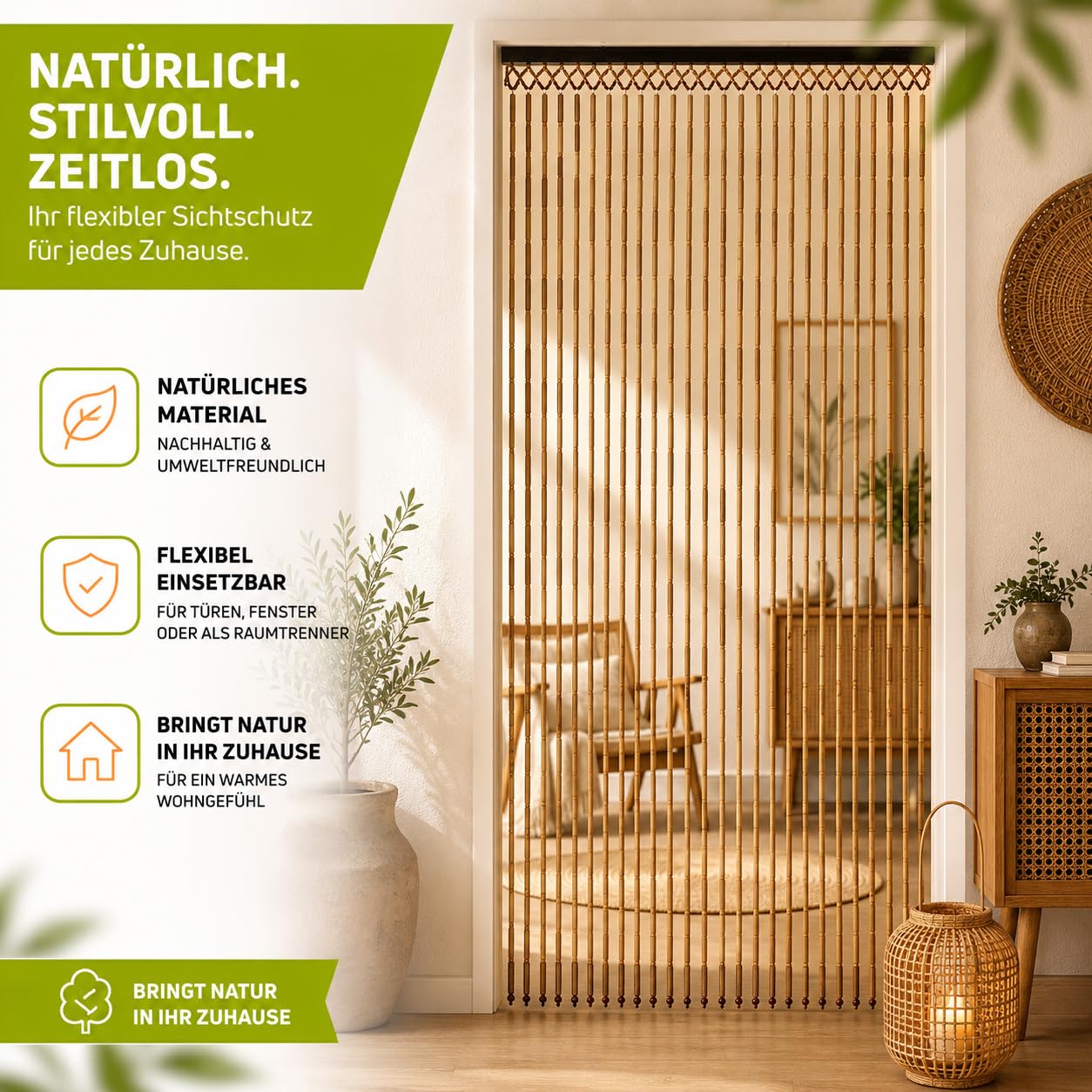 Kobolo Türvorhang BAMBOO 90x200cm braun, Bambus Perlenvorhang mit 31 Strängen je 0,8,cm & Holzleiste, dekorativer Fadenvorhang als Insektenschutz & Raumteiler für Balkon- & Terrassentür, handgefertigt