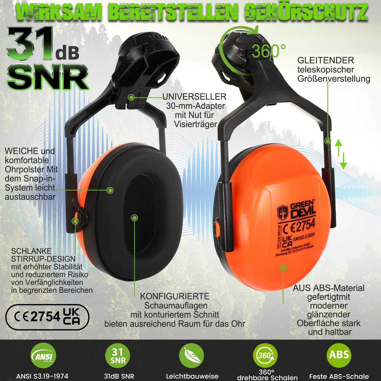 GREEN DEVIL VOLTEK Forest AIR Casque de protection forestier ABS pour postes de travail de haut niveau Certification EN12492 Conforme à la norme EN397 Absorption des chocs et résistance à la