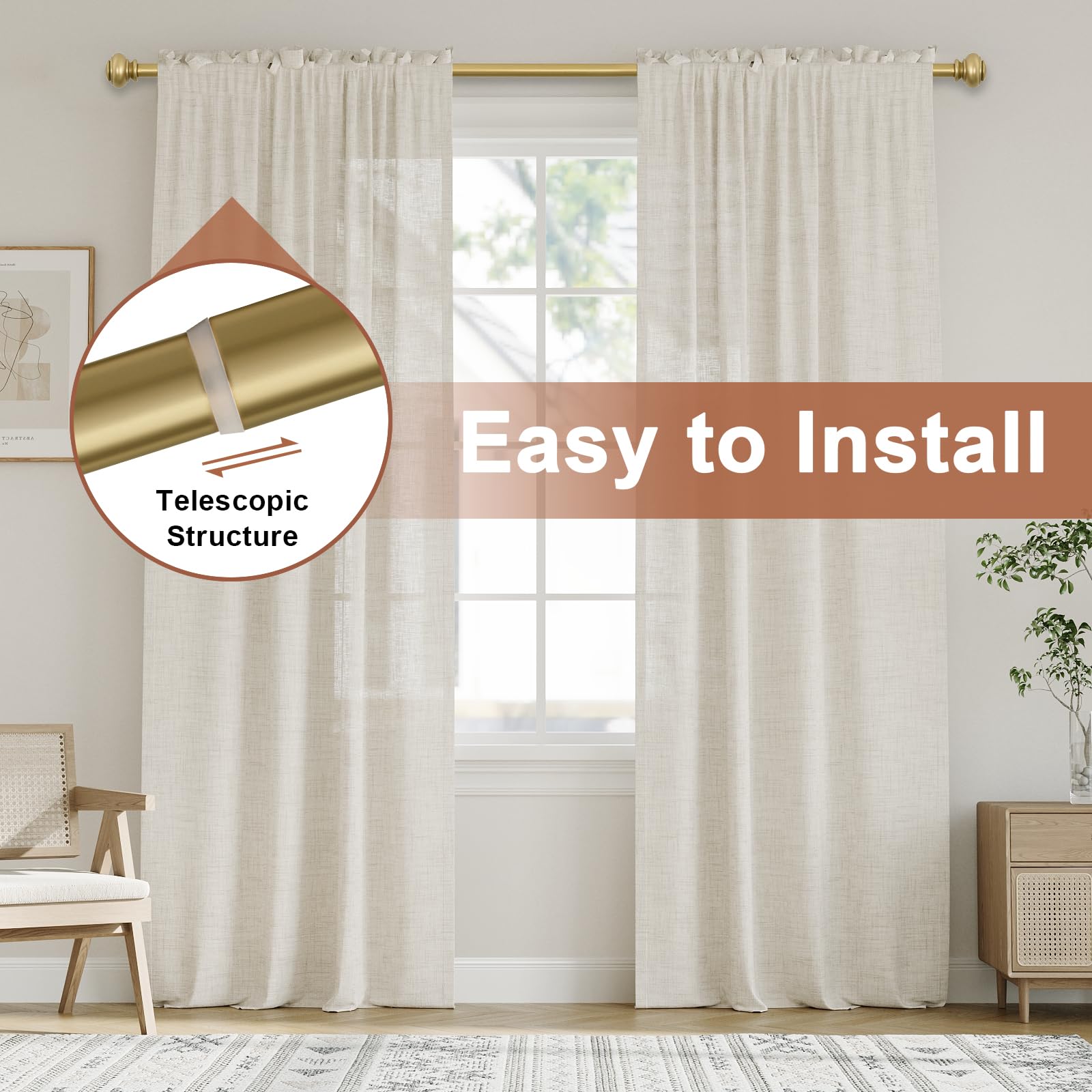 BellaHills 2 Stücks 76-190 cm Vorhangstange mit Kappenknäufen mit Halterungen, 25mm Durchmesser Gardinenstange Verstellbare Dekorative für Schlafzimmer, Wohnzimmer, Gold