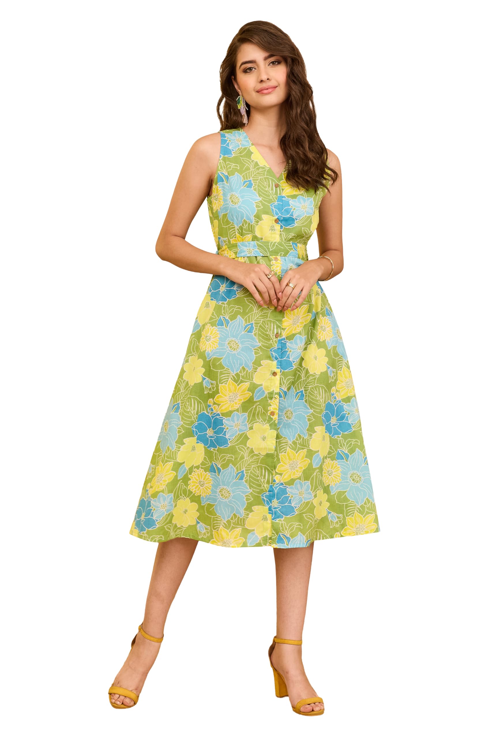 janasya Women's Green Pure Cotton Floral Printed A-line Tie-up Dress-picture-23