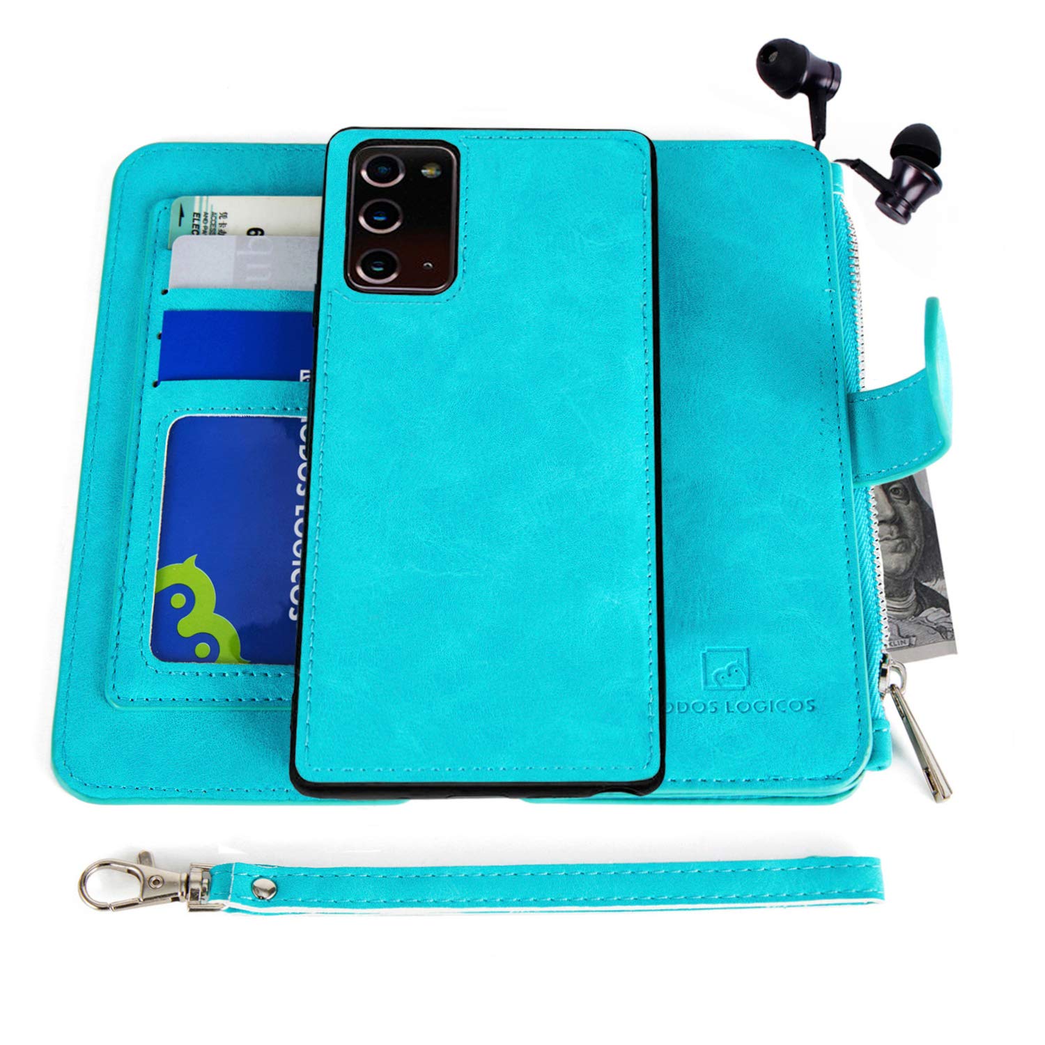 MODOS LOGICOS Case for Samsung Galaxy Note 20, [Detachable Wallet Folio][2 in 1][Zipper Cash Storage][14 Card Slots 1 Photo Window] PU Leather Purse with Removable Inner Magnetic Case - Teal