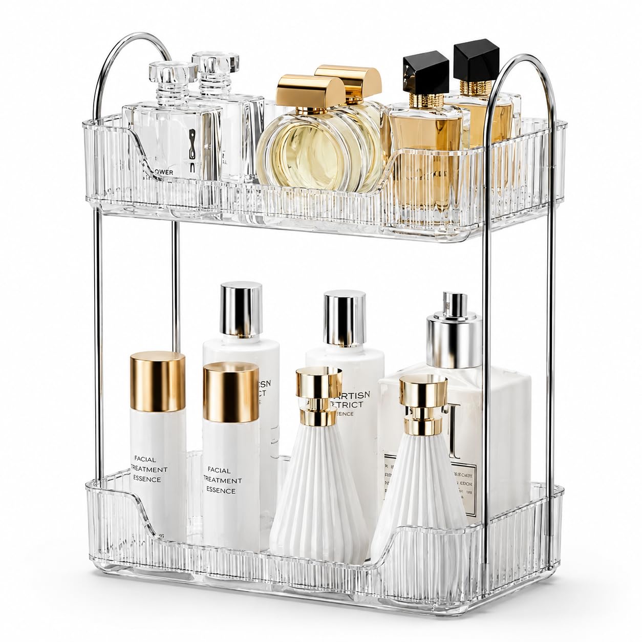 Xacton Transparent Makeup Organizer | Two-Tier Vanity Storage Rack | Multipurpose Cosmetic Holder with Metal Frame | for Dressing Table, Skincare, Perfume, Toiletries & Bathroom Countertop-picture-13