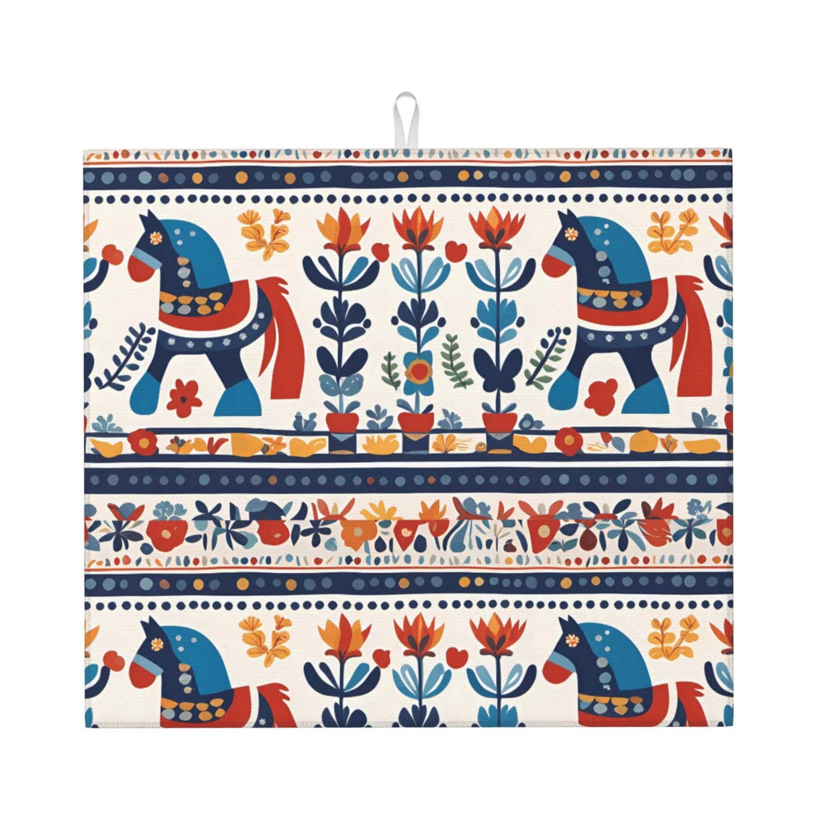 YYHHAOFA Swedish Dala Horse Folk Prints Kitchen Drying Mat – Absorbent Dish Throw for Countertops, Quick-Dry Non-Slip Layer with Stylish Prints, for New Homes