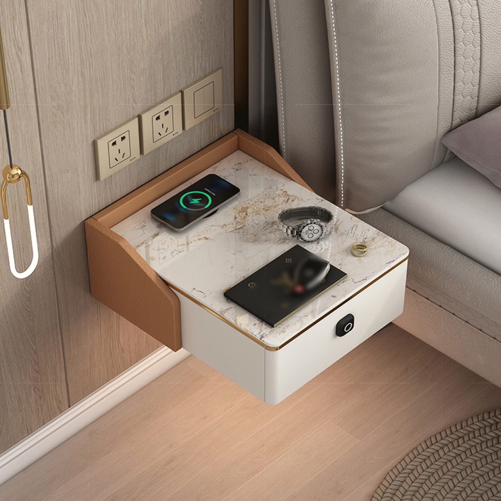 Comodino intelligente Comodino per camera da letto Comodino a parete, comodino con lampada LED Tavolino moderno bianco con stazione di ricarica, blocco impronte digitali ()