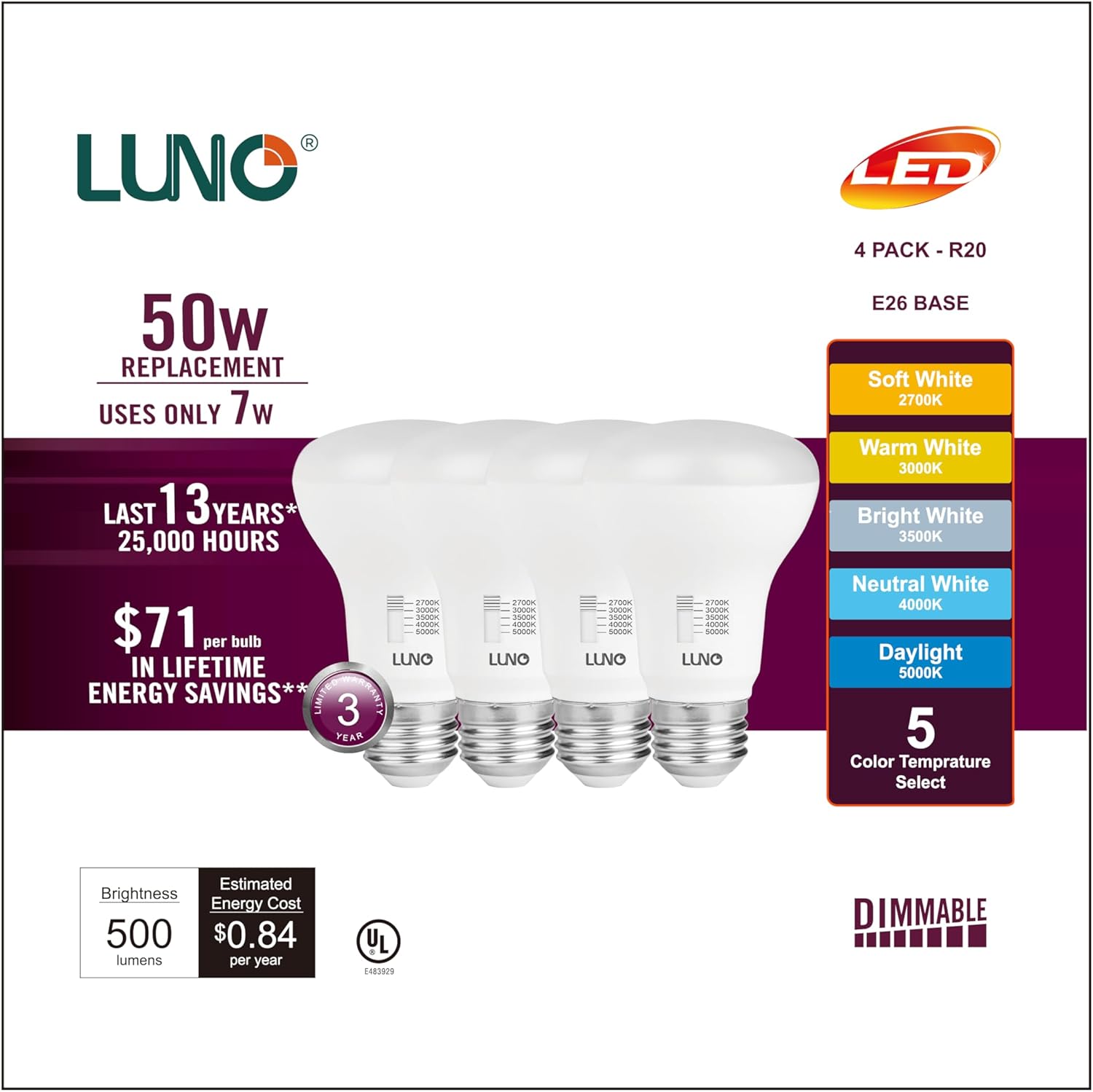 LUNO R20 Dimmable LED Bulb, Color Selectable, 7W (50W Equivalent), 500 Lumens, 2700K, 3000K, 3500K, 4000K, 5000K, 5CCT, UL Listed (4-Pack)