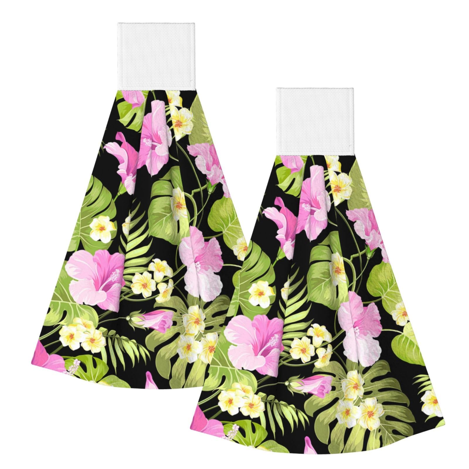 DOPKLNA Tropical Pink Flowers And Jungle Palms, 2 Pcs Hanging Coral Fiber Hand Towels for Bathroom, Absorbent Kitchen Towels