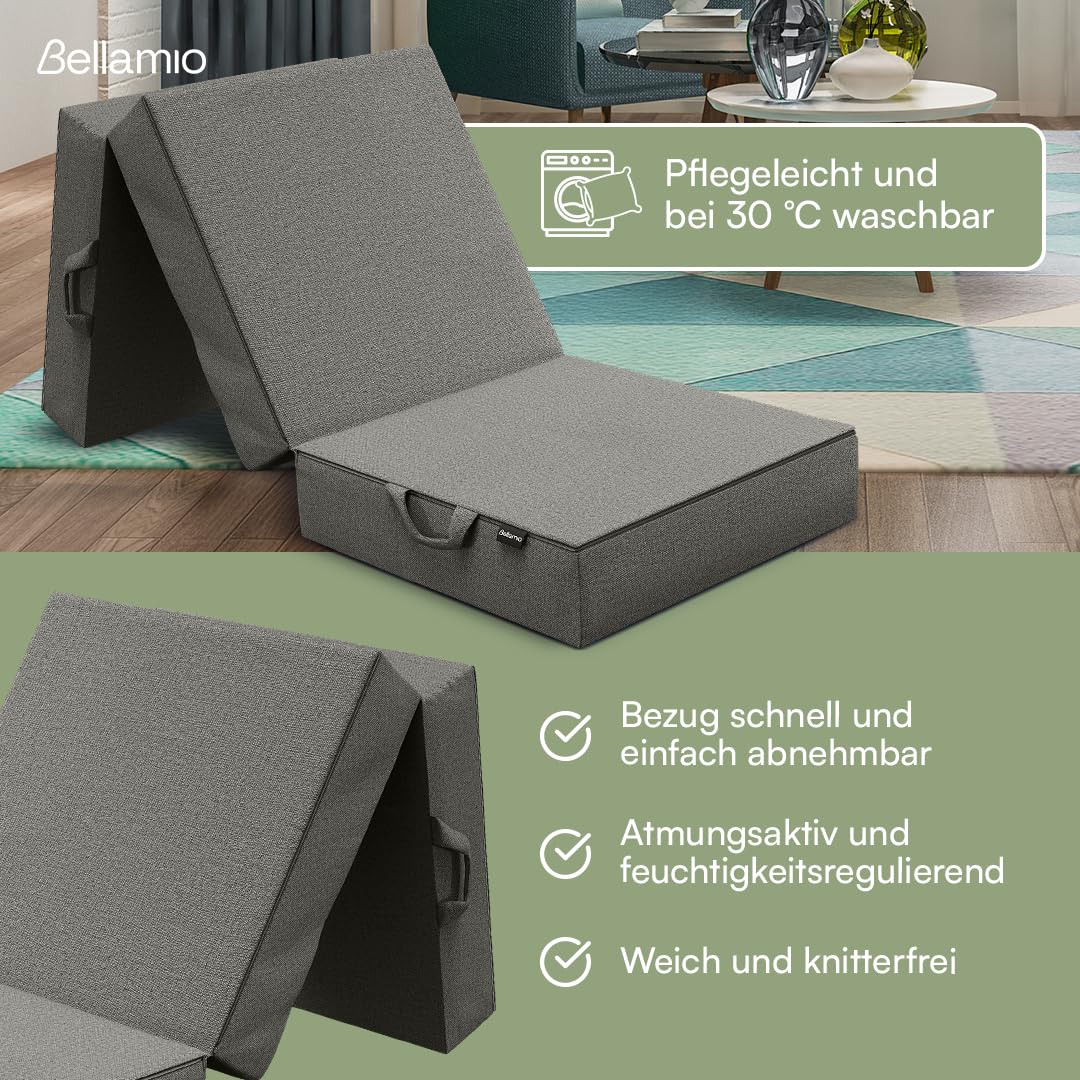Bellamio Lomme Klappmatratze 90x200 cm – Faltmatratze extra dick 15 cm – Gästematratze Dunkelgrau – klappbare Reisematratze mit Tragegriffen – Faltbare Camping Matratze – Bezug abnehmbar & waschbar