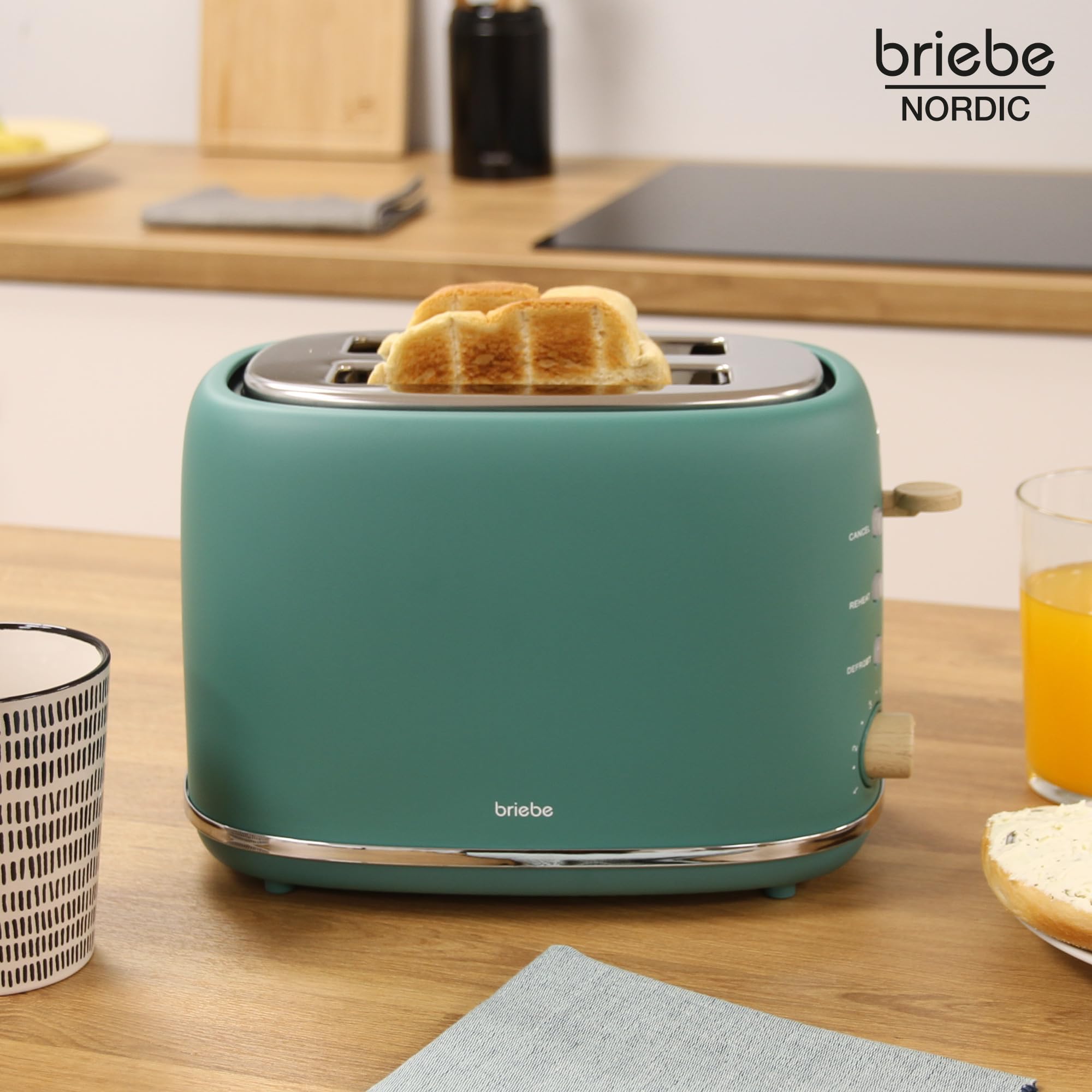 briebe Nordic Ensemble Grille Pain 2 Fentes Tranches Larges, 6 Niveaux de Dorage + Bouilloire Induction Sifflante 2,3L, Acier Inoxydable, sans BPA, Pack Petit Déjeuner, Design Nordique, Vert