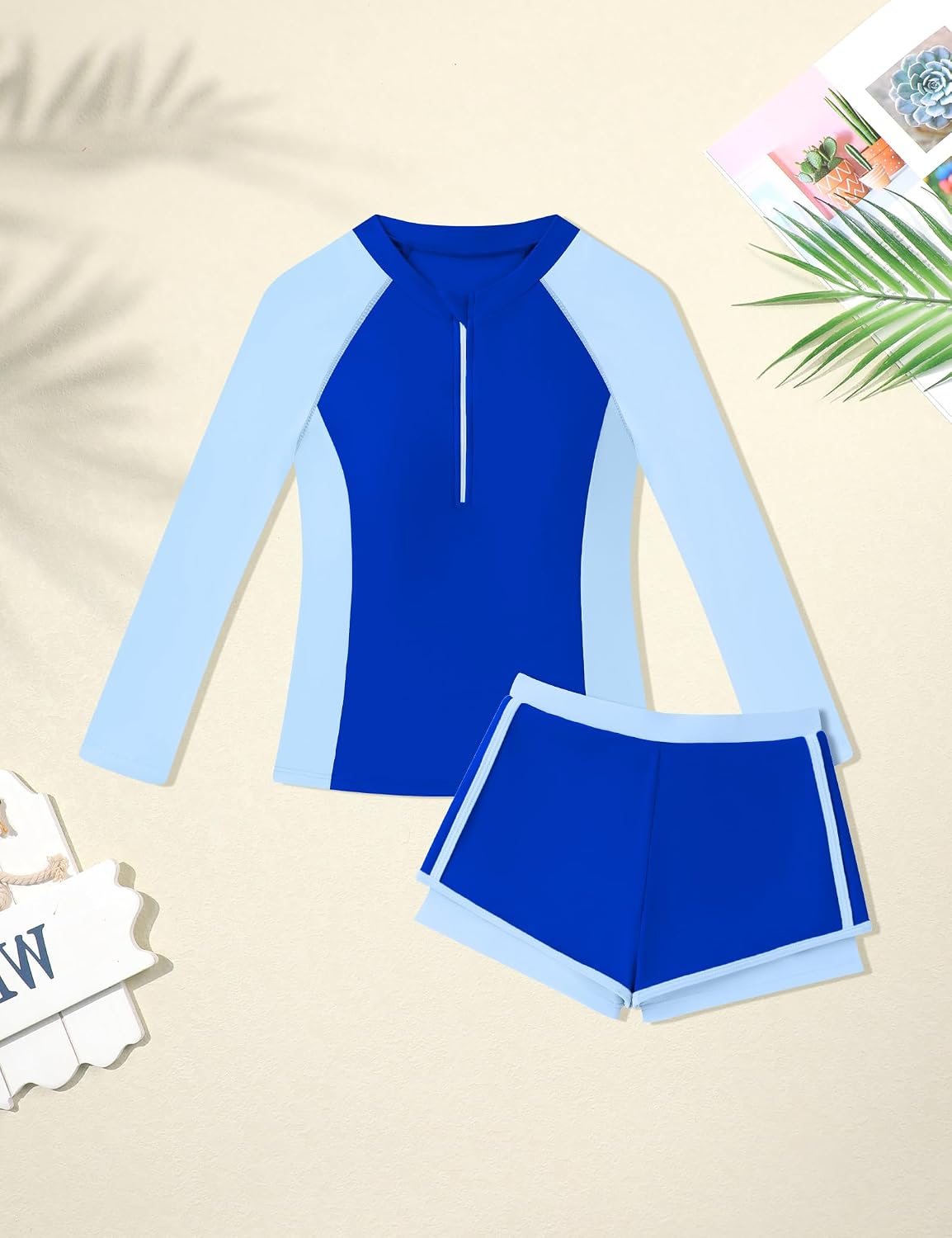 Girls Rash Guard Swimsuit Long Sleeve 2 Piece Girls' Swimwear Zip Color Block Girls Bathing Suit Size 7-16