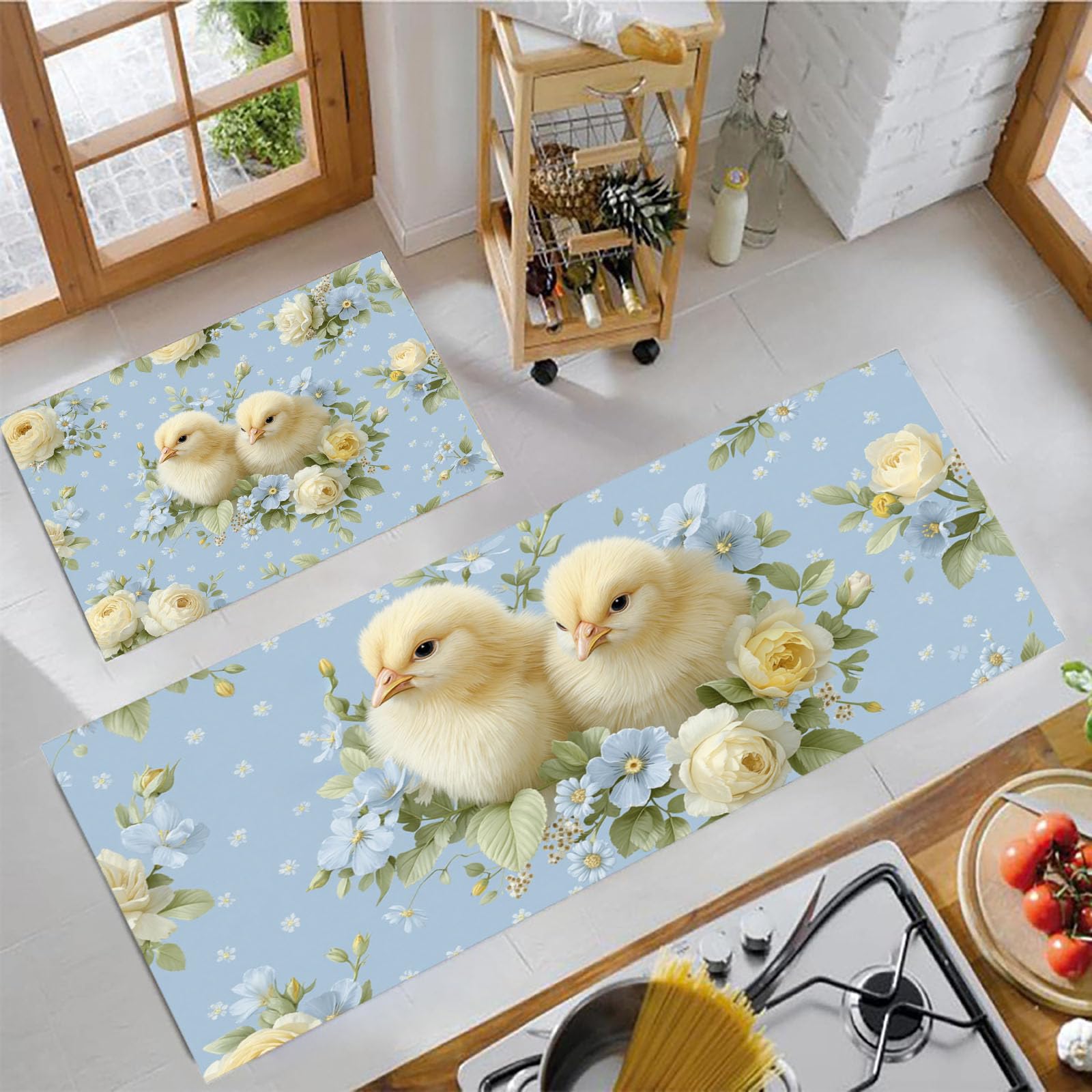 Alfombras de cocina decorativas con estampado de pollitos rosa para pasillos azul claro