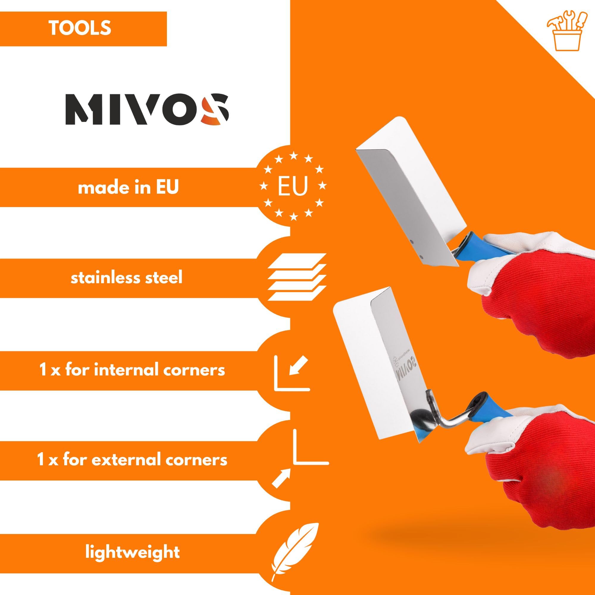 Mivos Lot de 2 Truelles d'Angle en Acier Inoxydable - 120 x 60 mm - Truelle d'Angle Intérieur et Extérieur en INOX - Truelle de Bord avec Poignée Souple - Spatule d'angle - Fabriqué en UE