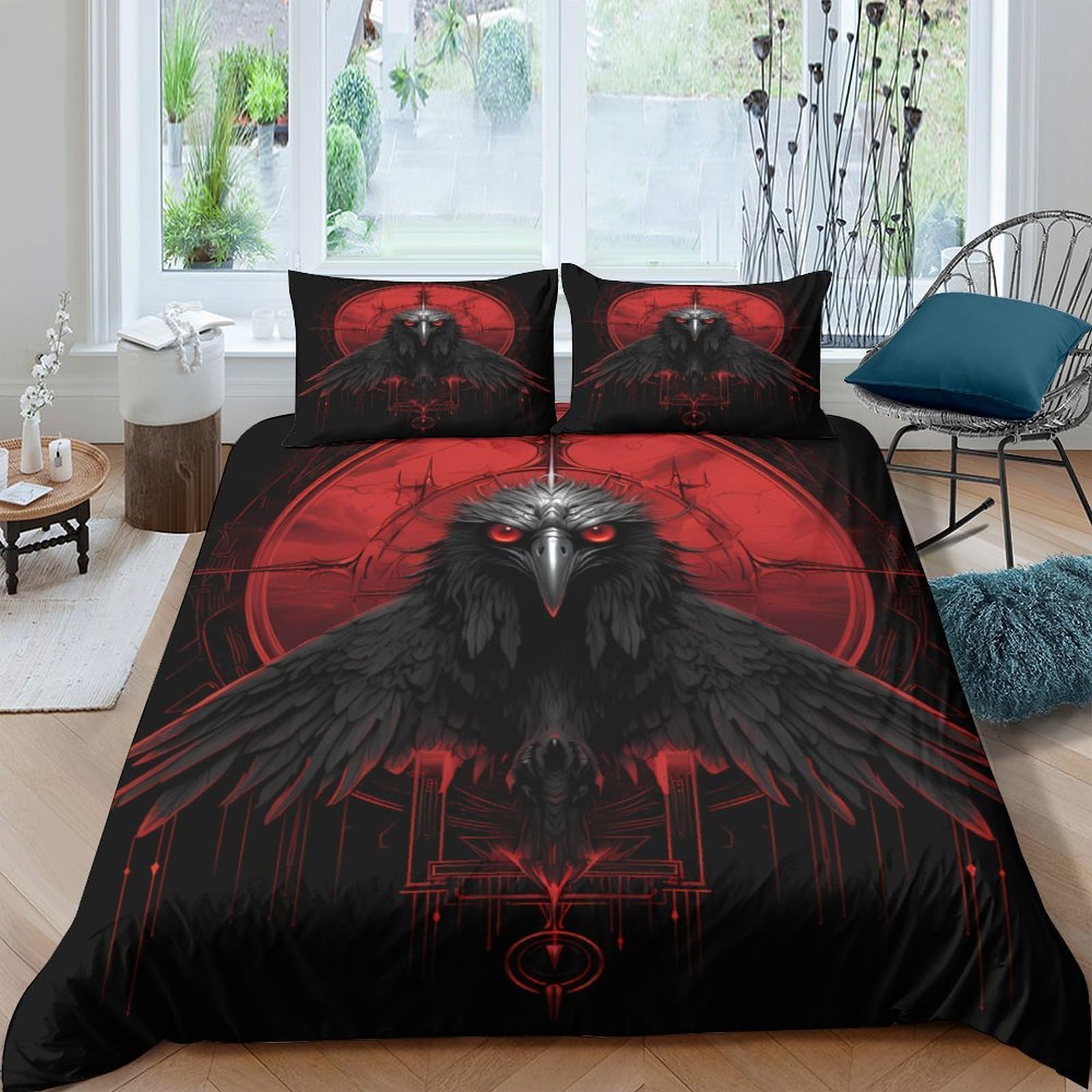 Ctjqhvkz Style-2 3D Printed Dark Raven Fitted Sheet Microfiber Soft Gothic Red Moon Bed Cover Non Slip For Bedroom Dorm Decor Single（135X200cm）