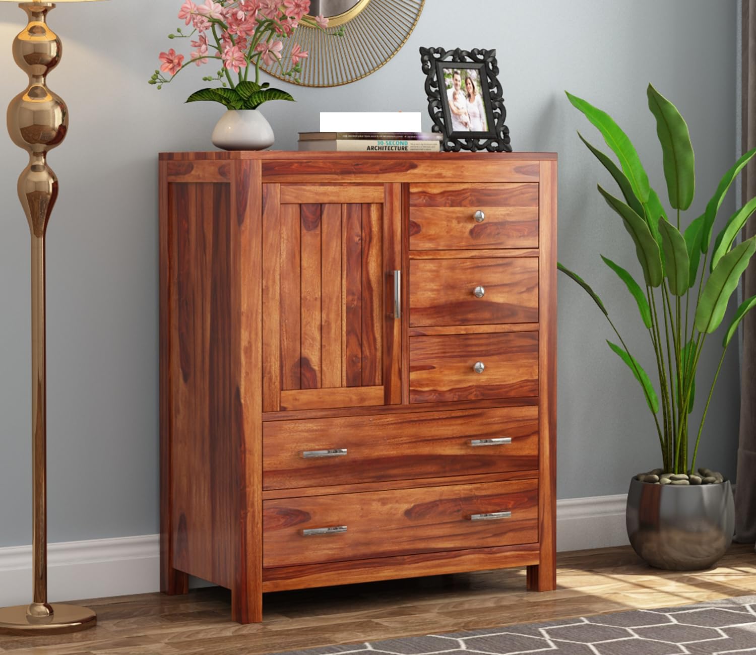 GADWAL FURNITURE Solid Sheesham Wood Wooden Chest of Drawers for Storage Sideboard Cabinet with 5 Drawers and Single Shelf Storage for Living Room & Bedroom (Declan, Honey Finish)-image-29