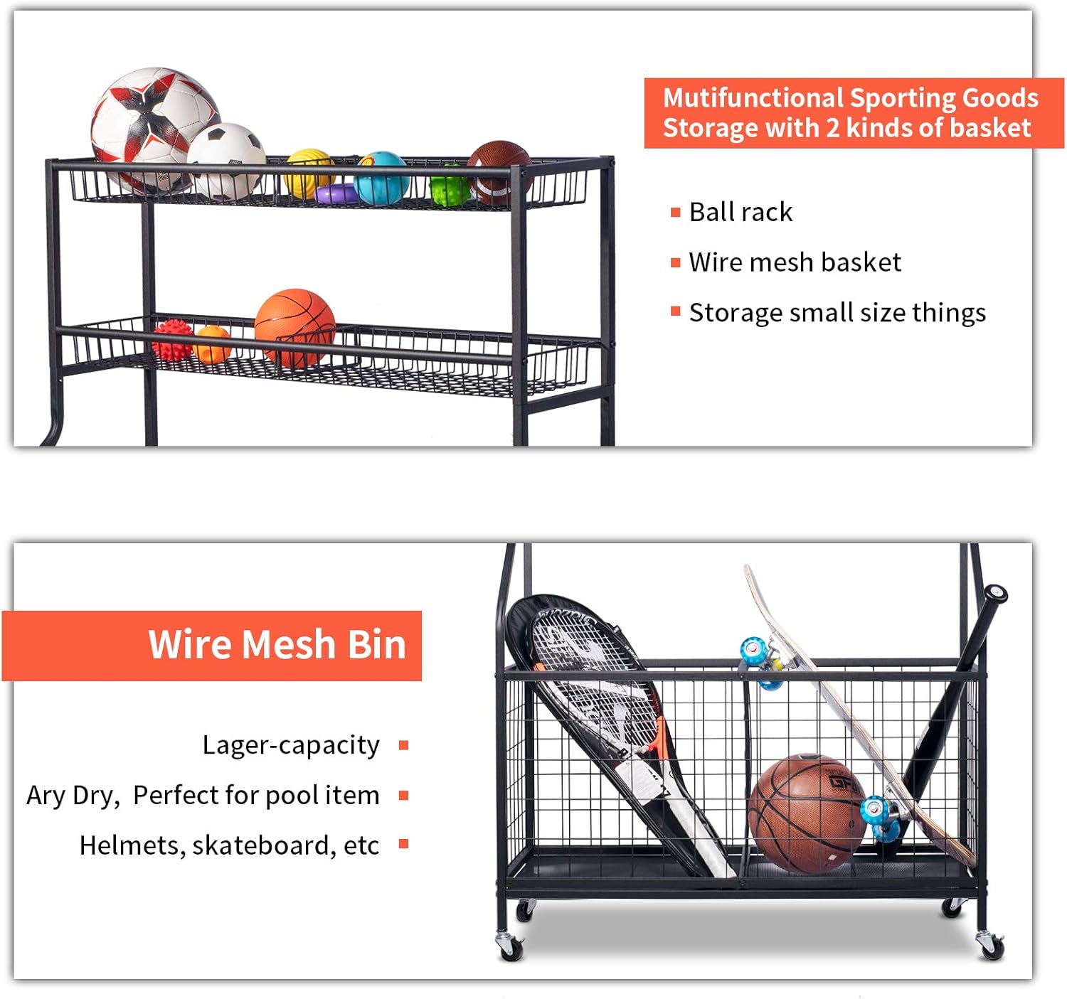 Garage Sports Equipment Organizer, Sports Ball Storage Rack, Garage Balls Organizer, Ball Rack with 2 Layers Baskets and 4 Wheels, Sports Equipment Storage for basketballs footballs, kids toys : Sports & Outdoors